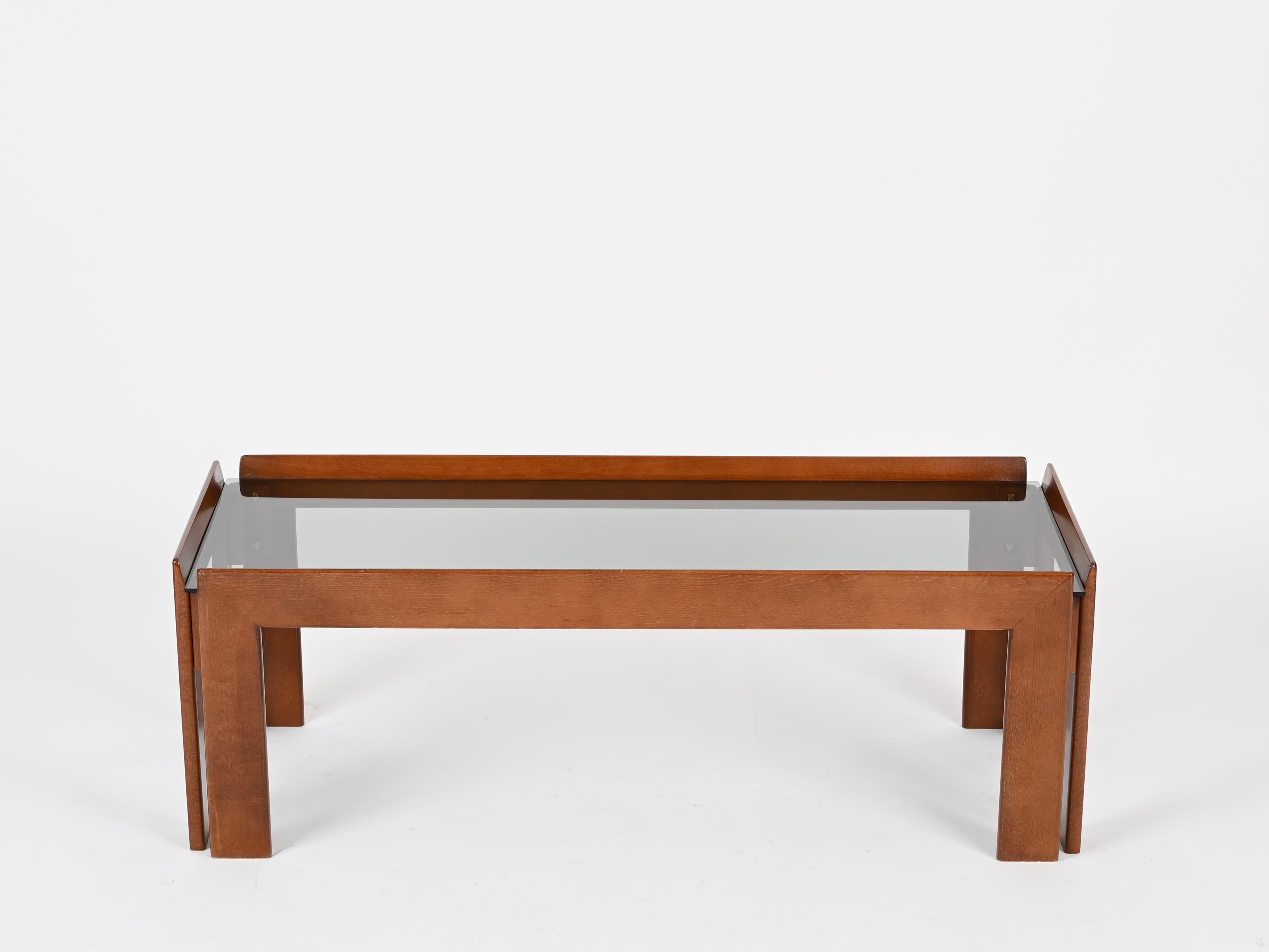 Italian Tobia Scarpa Rectangular Walnut Coffee Table with Smoked Glass, Italy 1960s For Sale