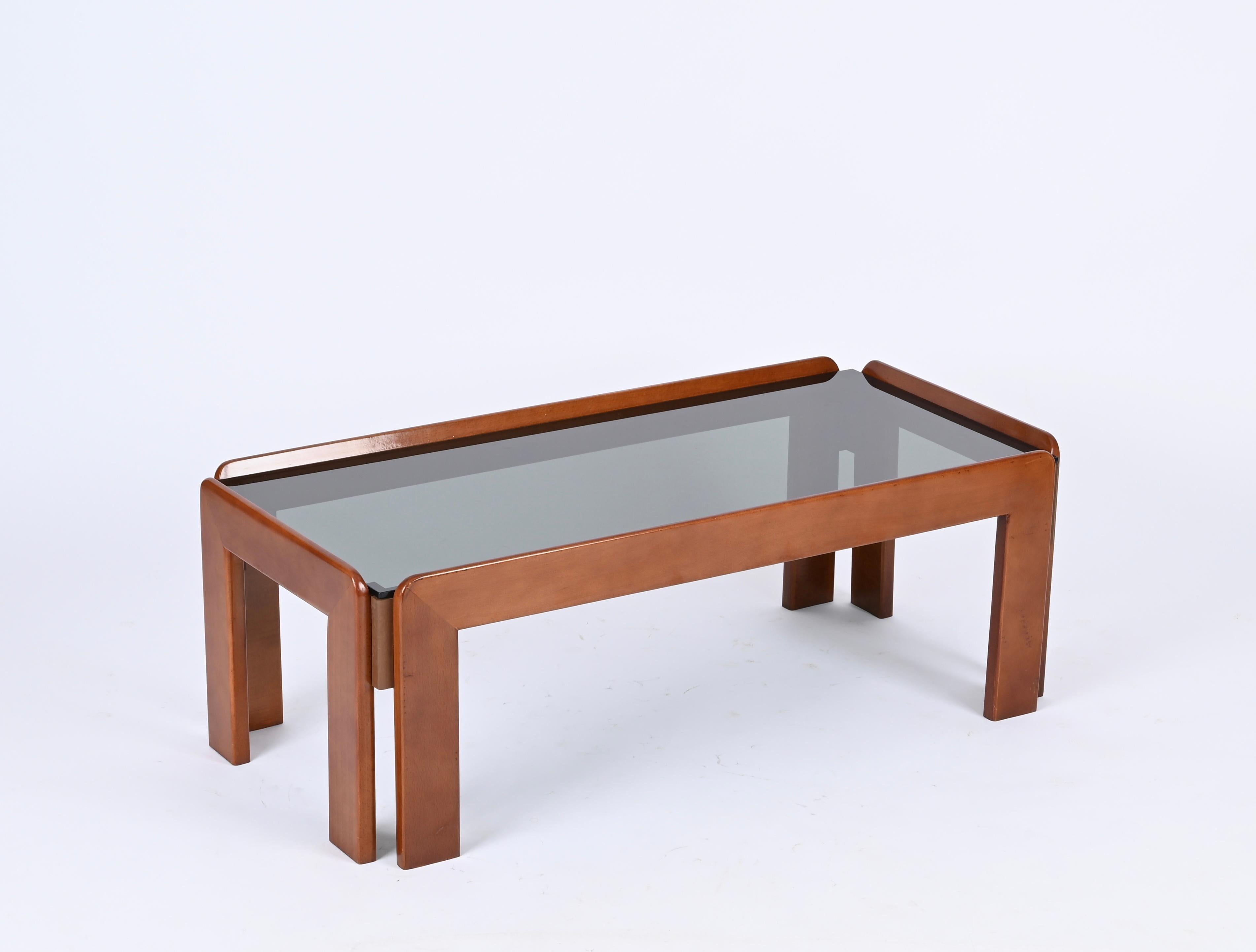 Tobia Scarpa Rectangular Walnut Coffee Table with Smoked Glass, Italy 1960s For Sale 1