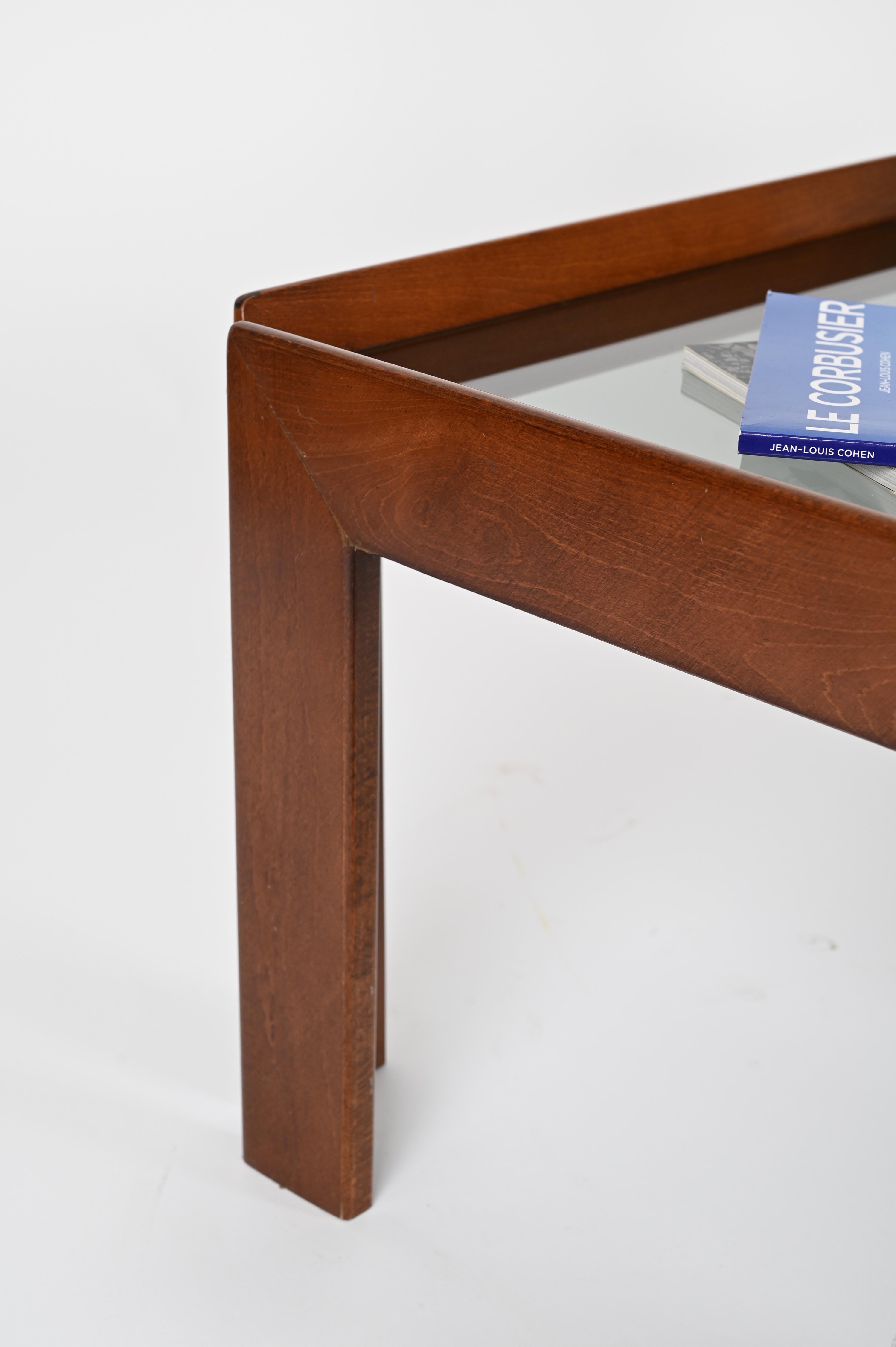 Mid-20th Century Tobia Scarpa Rectangular Walnut Coffee Table with Smoked Glass, Italy 1960s For Sale