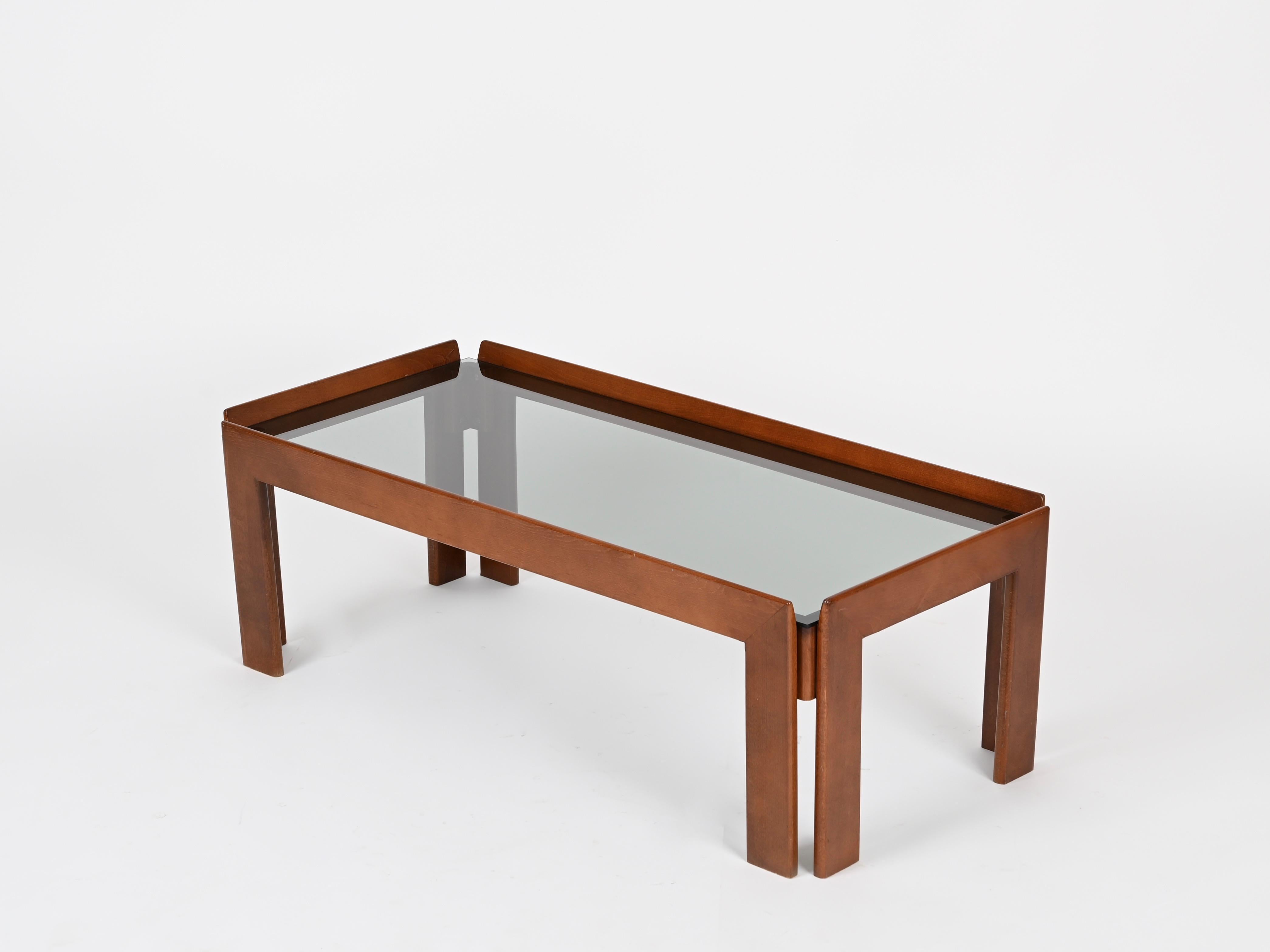 Tobia Scarpa Rectangular Walnut Coffee Table with Smoked Glass, Italy 1960s For Sale 1