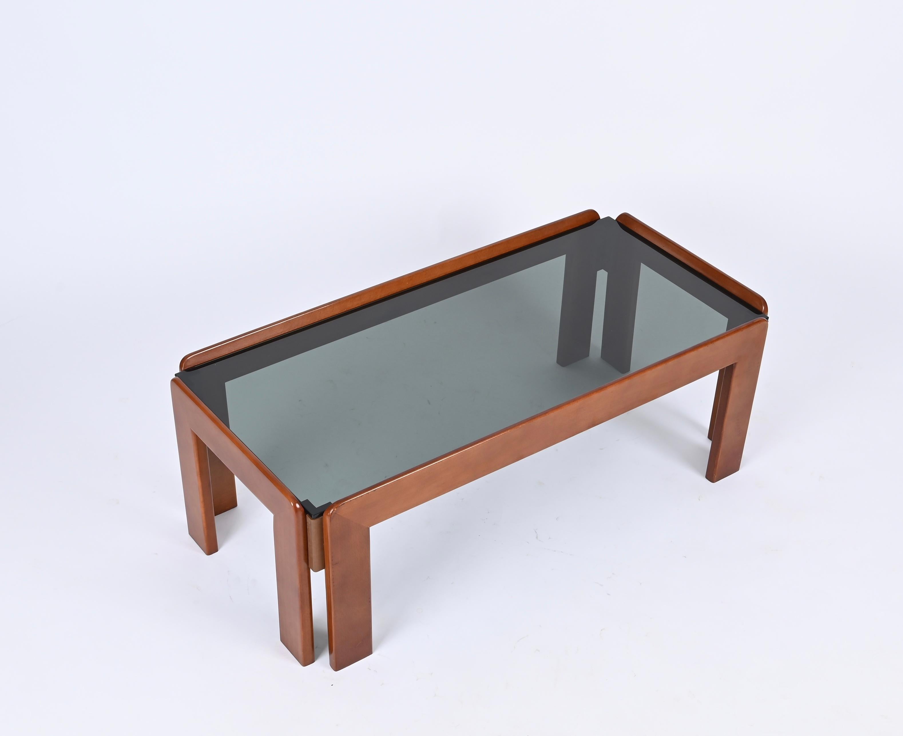 Tobia Scarpa Rectangular Walnut Coffee Table with Smoked Glass, Italy 1960s For Sale 3