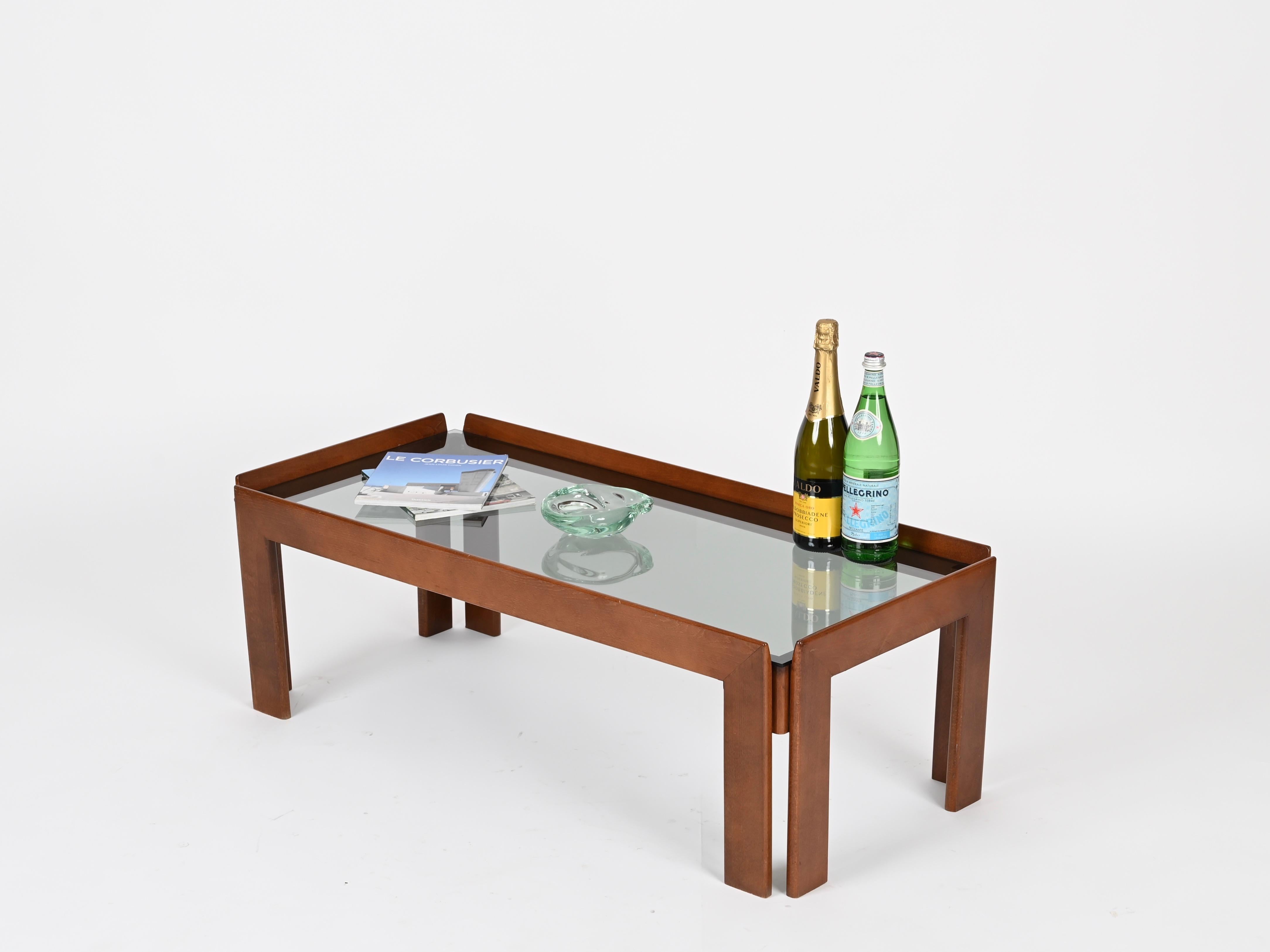 Tobia Scarpa Rectangular Walnut Coffee Table with Smoked Glass, Italy 1960s For Sale 2