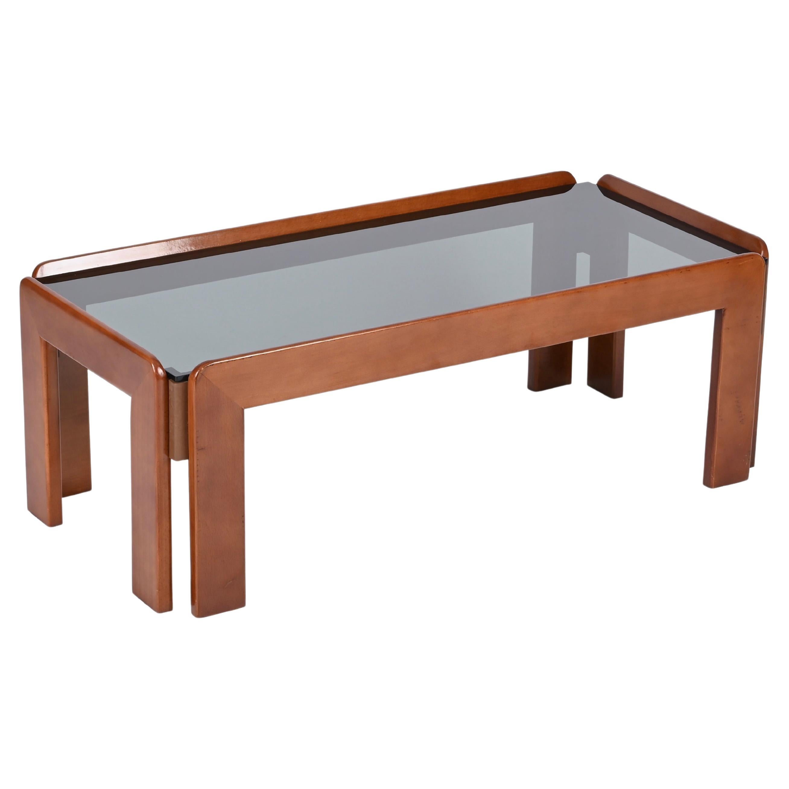 Tobia Scarpa Rectangular Walnut Coffee Table with Smoked Glass, Italy 1960s For Sale