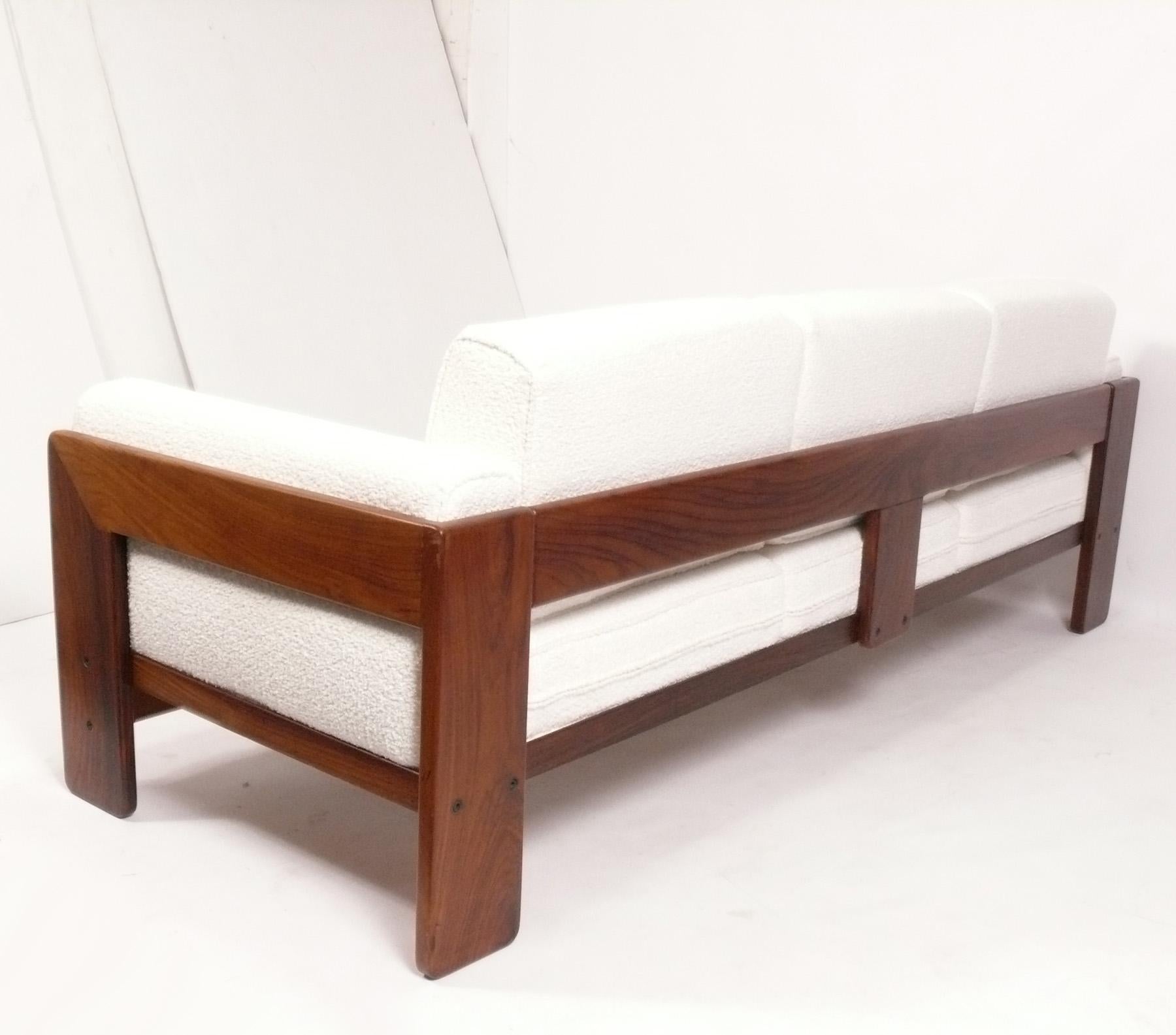 Italian Tobia Scarpa Rosewood Bastiano Sofa in New Ivory Boucle Mid Century