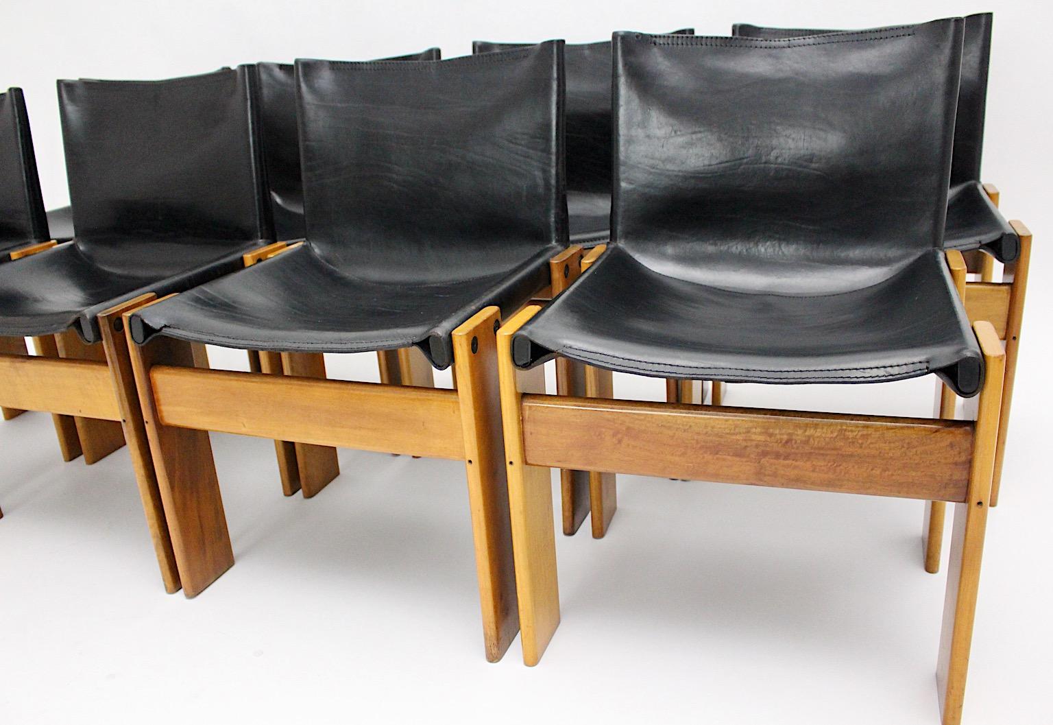 Tobia Scarpa Eight Blonde Walnut Black Leather Dining Chairs Monk, Italy, 1970s 5