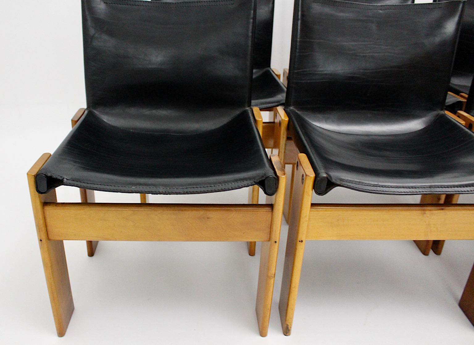 Tobia Scarpa Eight Blonde Walnut Black Leather Dining Chairs Monk, Italy, 1970s 6