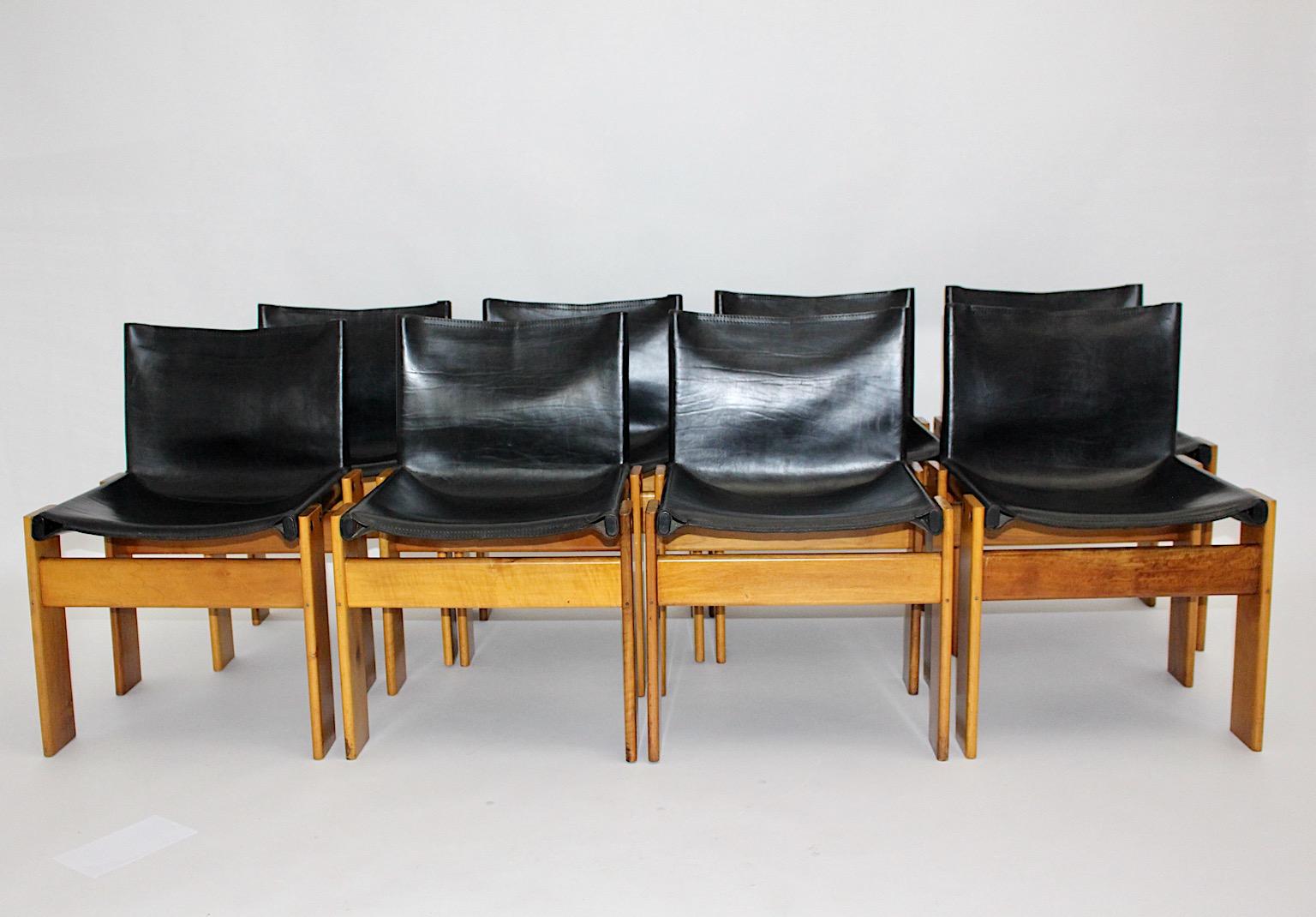 Italian Tobia Scarpa Eight Blonde Walnut Black Leather Dining Chairs Monk, Italy, 1970s