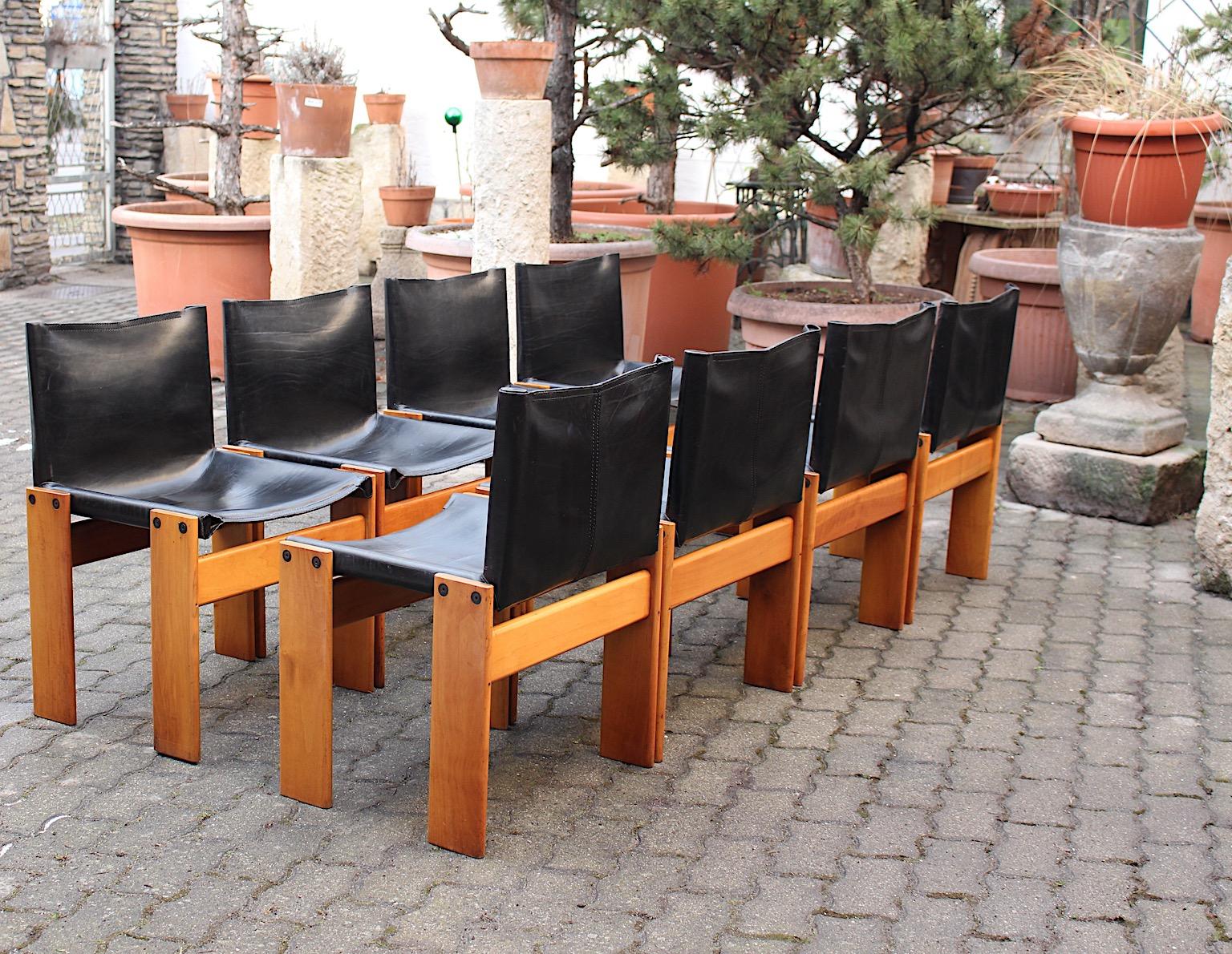 Tobia Scarpa Eight Blonde Walnut Black Leather Dining Chairs Monk, Italy, 1970s 1