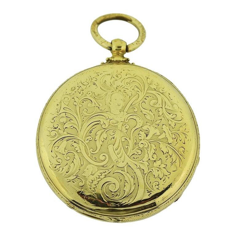 FACTORY / HOUSE: M. J. Tobias
STYLE / REFERENCE: Key winding Pocket Watch / Open Faced
METAL / MATERIAL: 18kt Yellow Gold 
CIRCA: 1850's
DIMENSIONS: Diameter 49mm
MOVEMENT / CALIBER: 13 Jewels / Lever Escapement
DIAL / HANDS: Original Hand Engraved