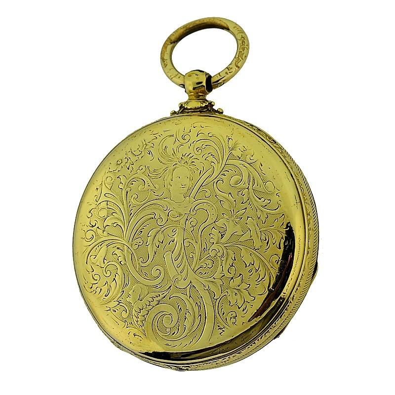 Tobias 18Kt Gold Key Wind Pocket Watch with Engraved Case and Dial, circa 1850s In Excellent Condition In Long Beach, CA