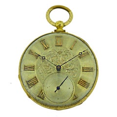 Tobias 18 Karat Gold Key Wind Taschenuhr mit graviertem Gehäuse und Zifferblatt:: um 1850