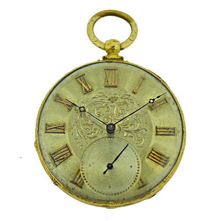 Tobias 18Kt Gold Key Wind Pocket Watch with Engraved Case and Dial, circa 1850s at 1stDibs