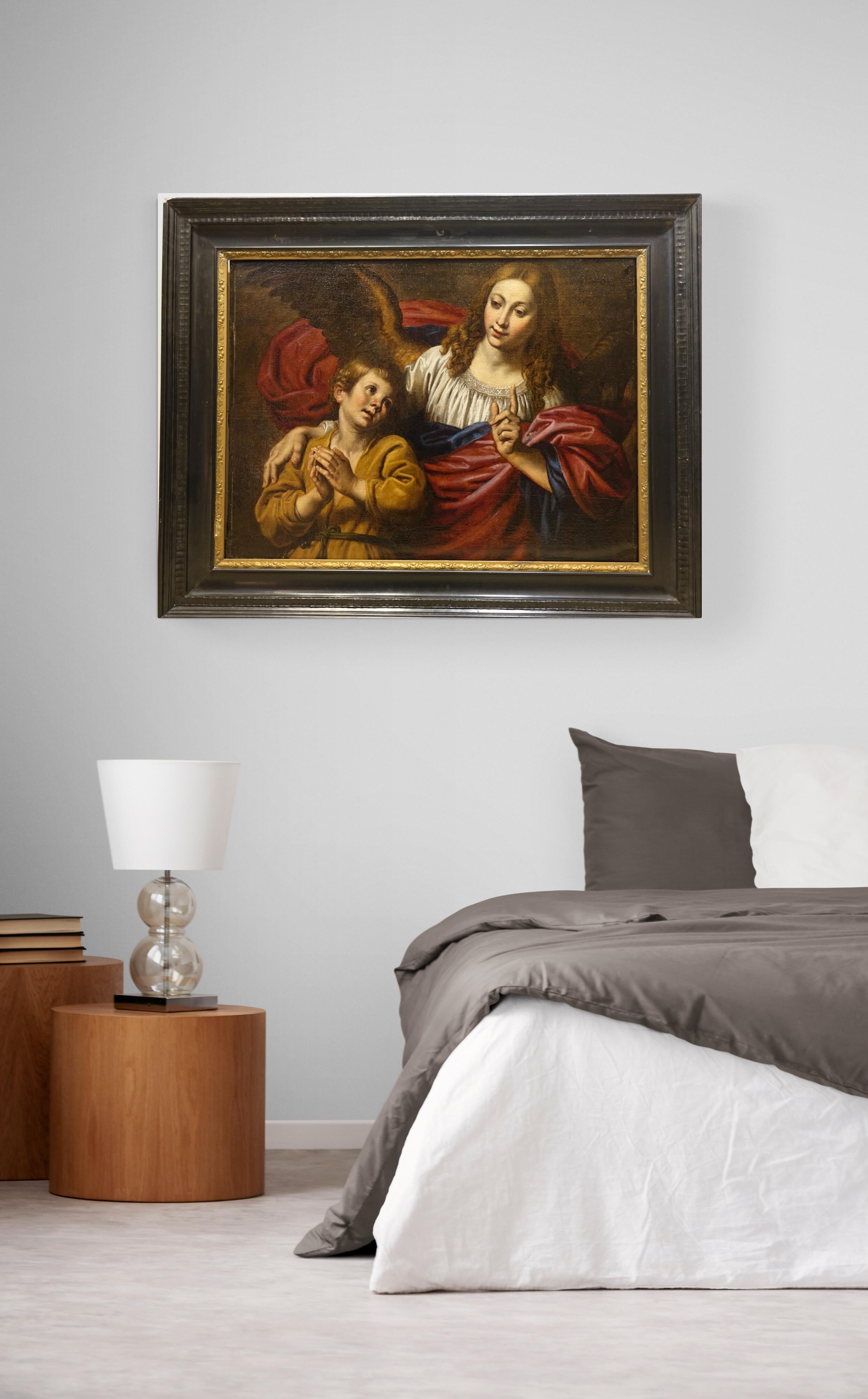 Tobie et l'ange , huile sur toile , Flandres, 17e siècle. 
Cercle de Theodoor van Loon.
Theodoor van Loon (1581 ou 1582, à Erkelenz - 1649, à Maastricht) était un peintre baroque flamand.
Theodoor van Loon s'est rendu deux fois en Italie, de 1602 à