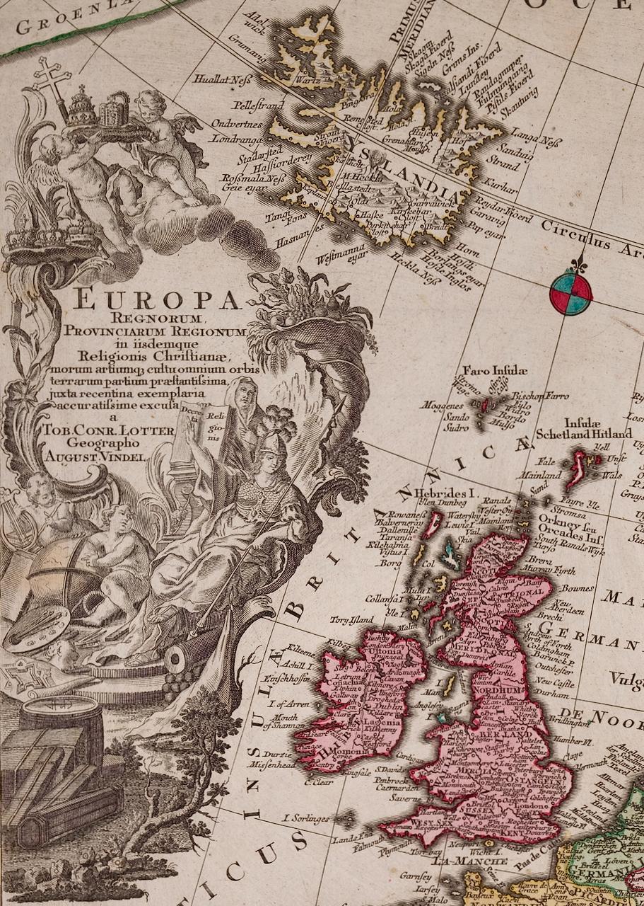 Europa Regnorum Provinciarum: Handkolorierte Karte von Europa aus dem 18. Jahrhundert von Lotter – Print von Tobias Conrad Lotter