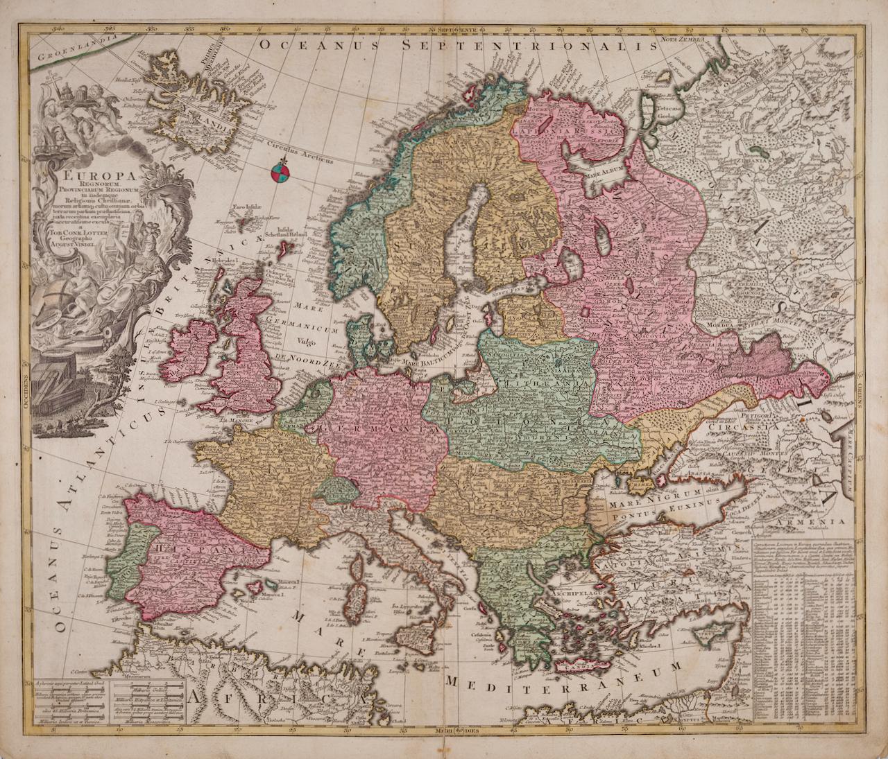Tobias Conrad Lotter Landscape Print – Europa Regnorum Provinciarum: Handkolorierte Karte von Europa aus dem 18. Jahrhundert von Lotter