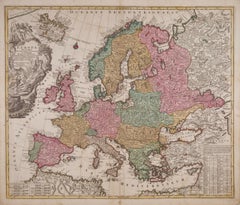 Europa Regnorum Provinciarum : Carte d'Europe du 18e siècle colorée à la main par Lotter