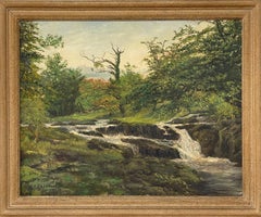 Peinture à l'huile d'un paysage de forêt de rivières et de rivières par un artiste irlandais de l'après-guerre, XXe siècle