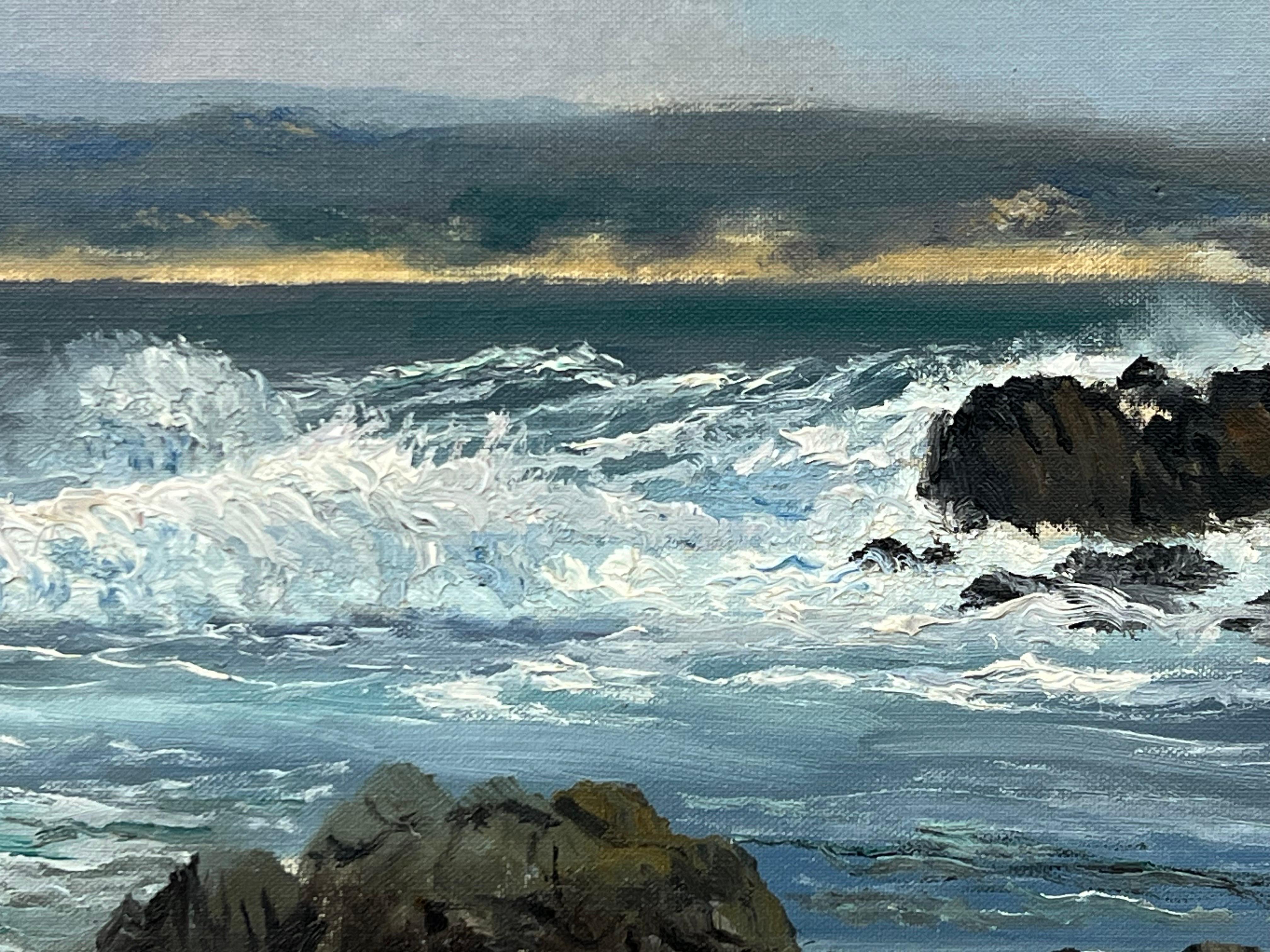 Seascape Painting of Waves Crashing against the Rocks at Pacific Grove, Monterey For Sale 9