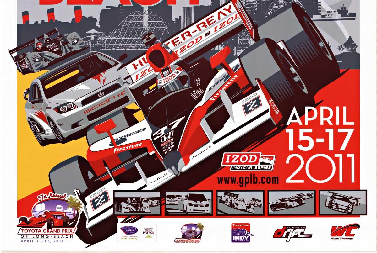 Affiche originale du 37e Grand Prix Toyota annuel de Long Beach 2011.    L'événement a eu lieu du 15 au 17 avril 2011 à Long Beach, en Californie.    La course et l'affiche font partie de la série Indycar.     Cette affiche présente la voiture de
