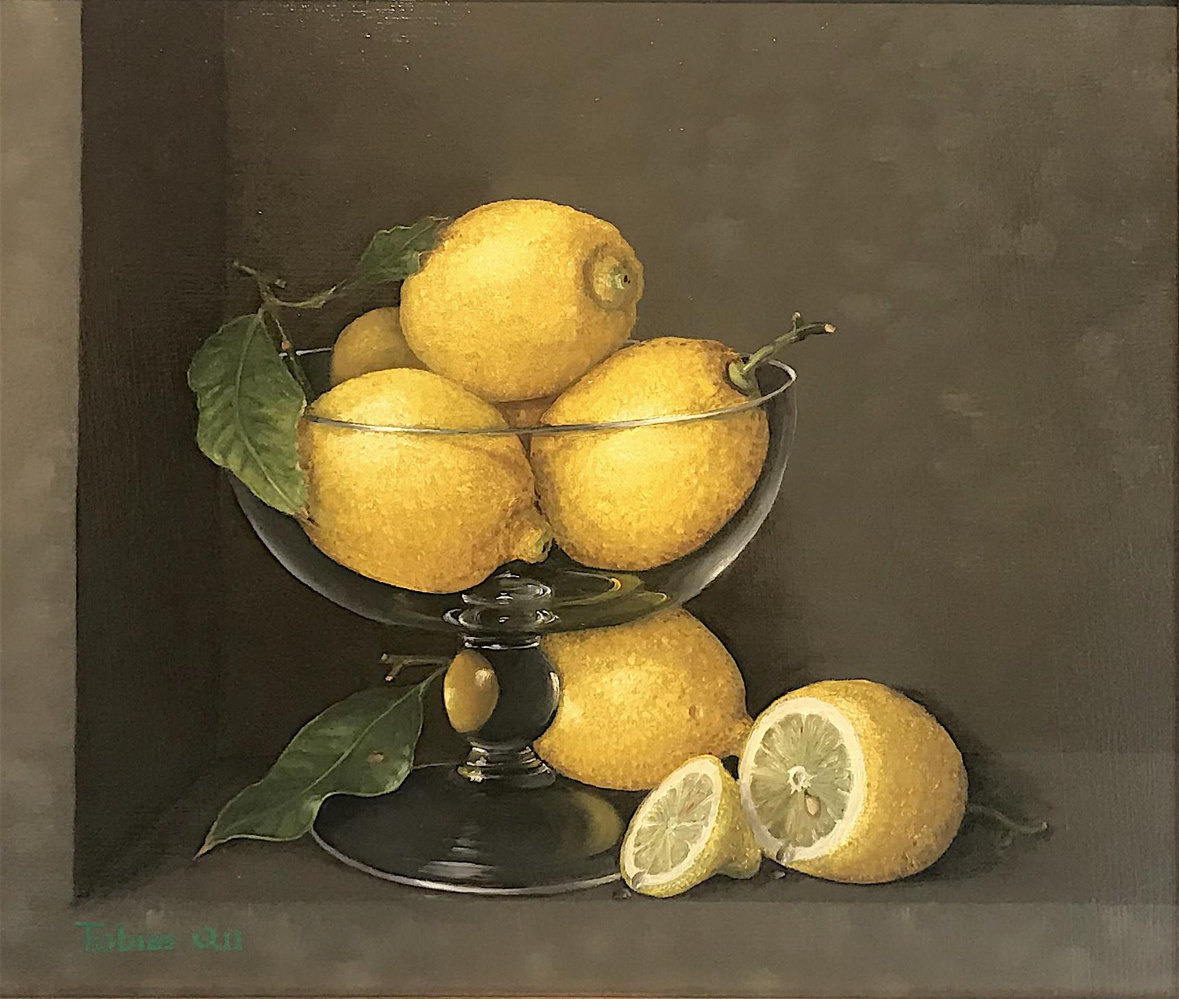 Citrons dans un verre-Nature morte originale réaliste-peinture à l'huile-art contemporain - Art de Tobias Harrison