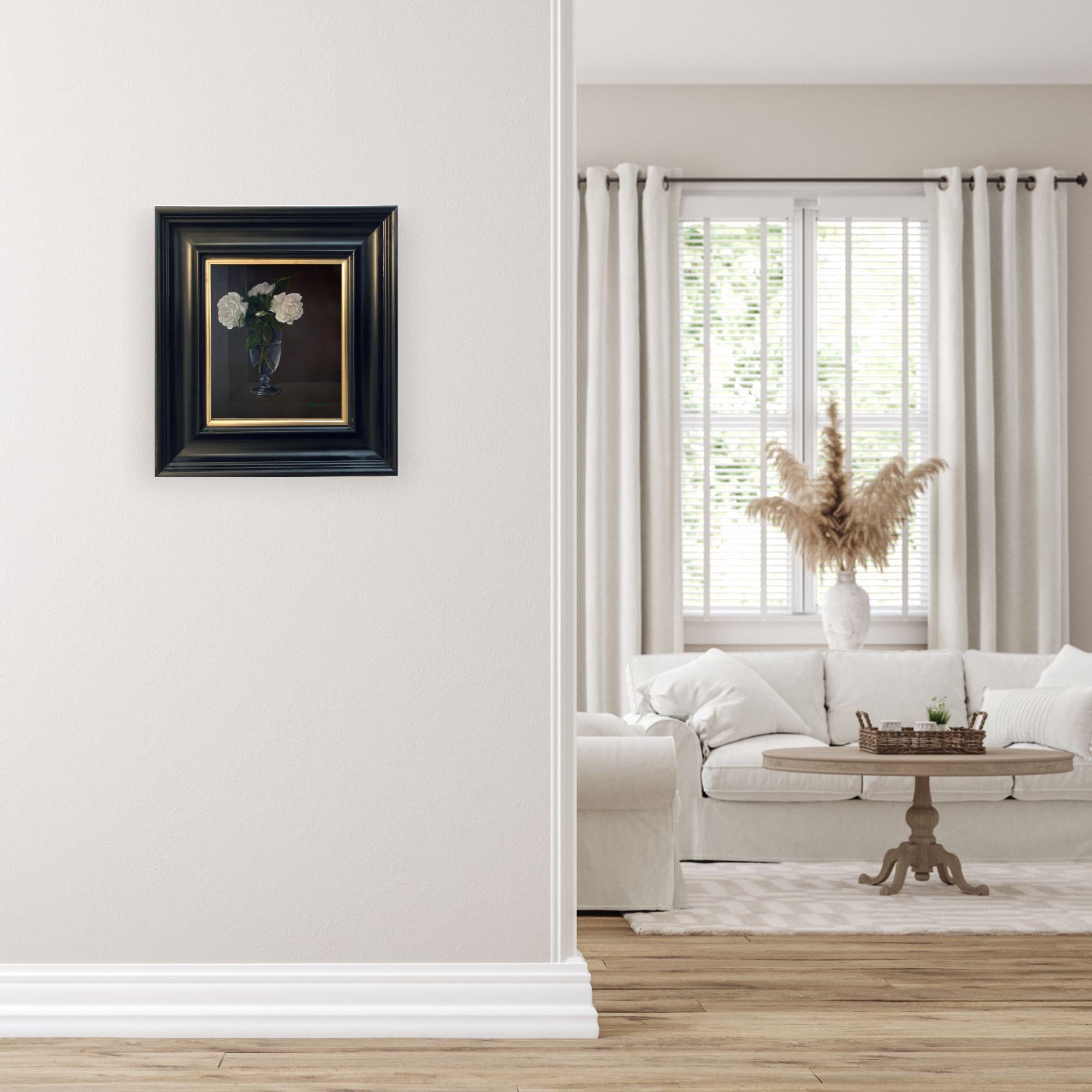 White Roses in a Glass-original realism still life painting-contemporary Art - Painting by Tobias Harrison