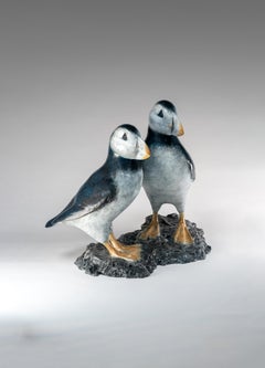 'Best Friends' Bronze sculpture of Puffins on rock, blue, white and orange
