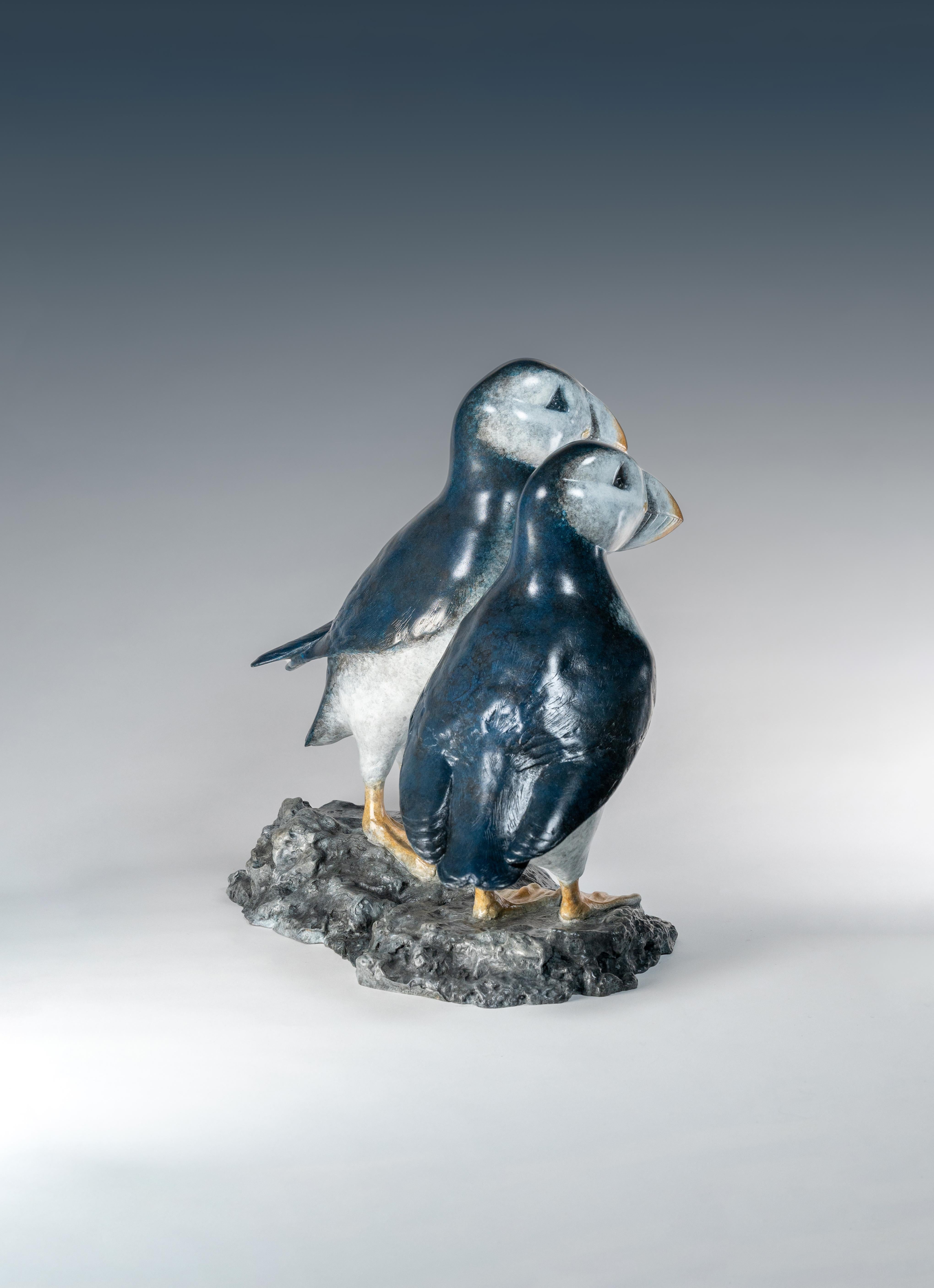'Best Friends' Bronze sculpture of Puffins on rock, blue, white and orange - Contemporary Sculpture by Tobias Martin