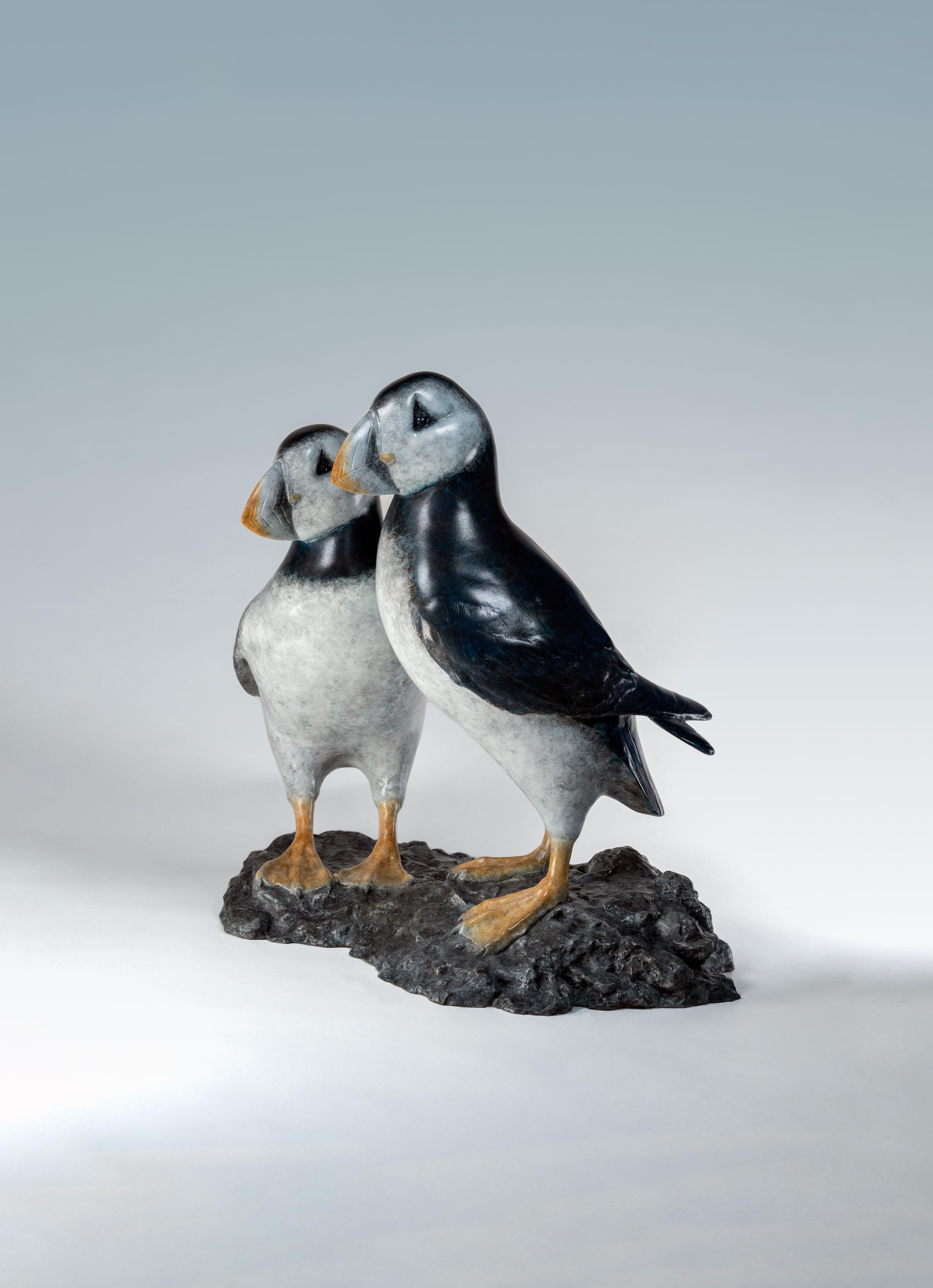'Best Friends' Bronze sculpture of Puffins on rock, blue, white and orange For Sale 1