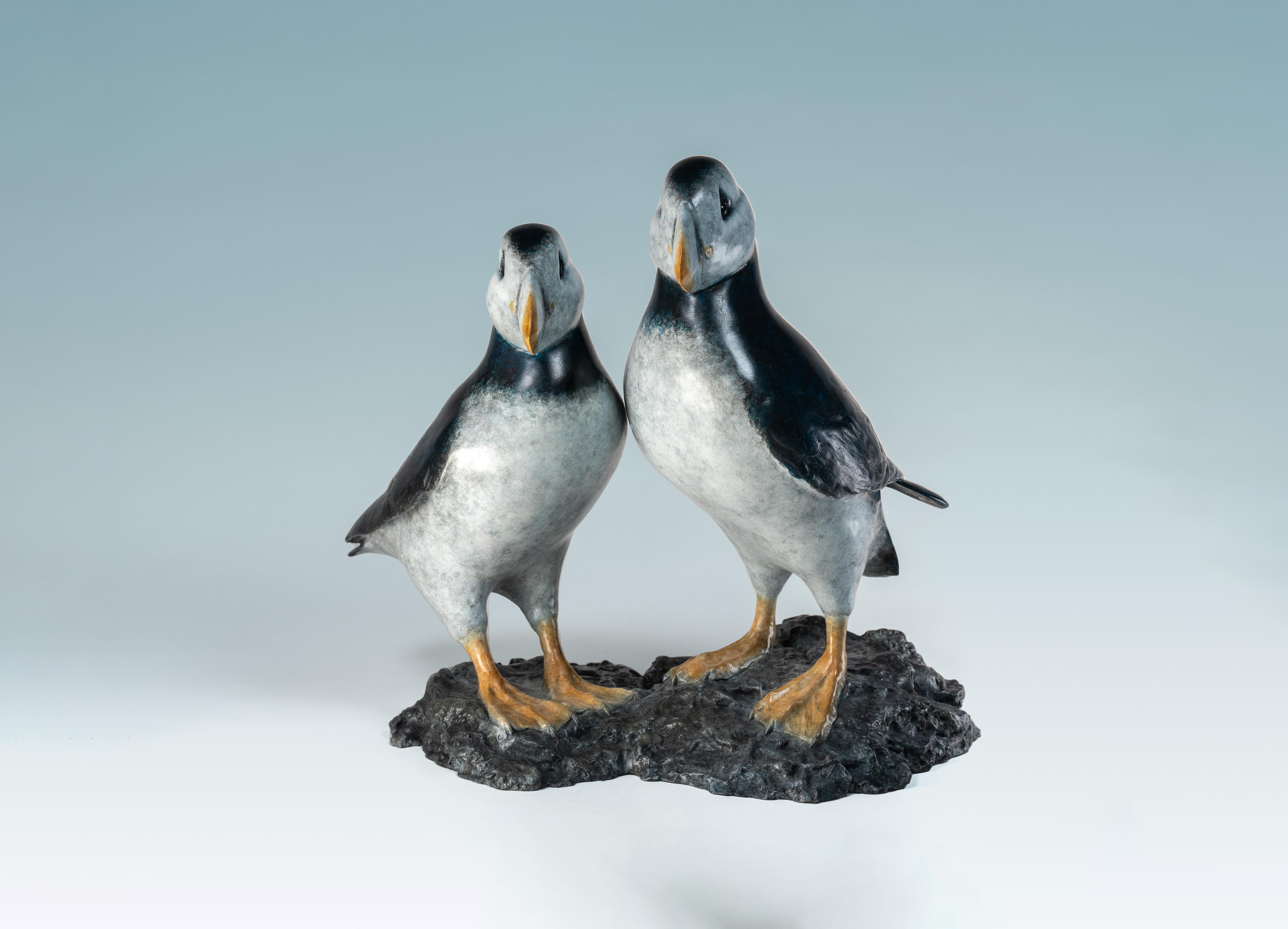 'Best Friends' Bronze sculpture of Puffins on rock, blue, white and orange For Sale 2