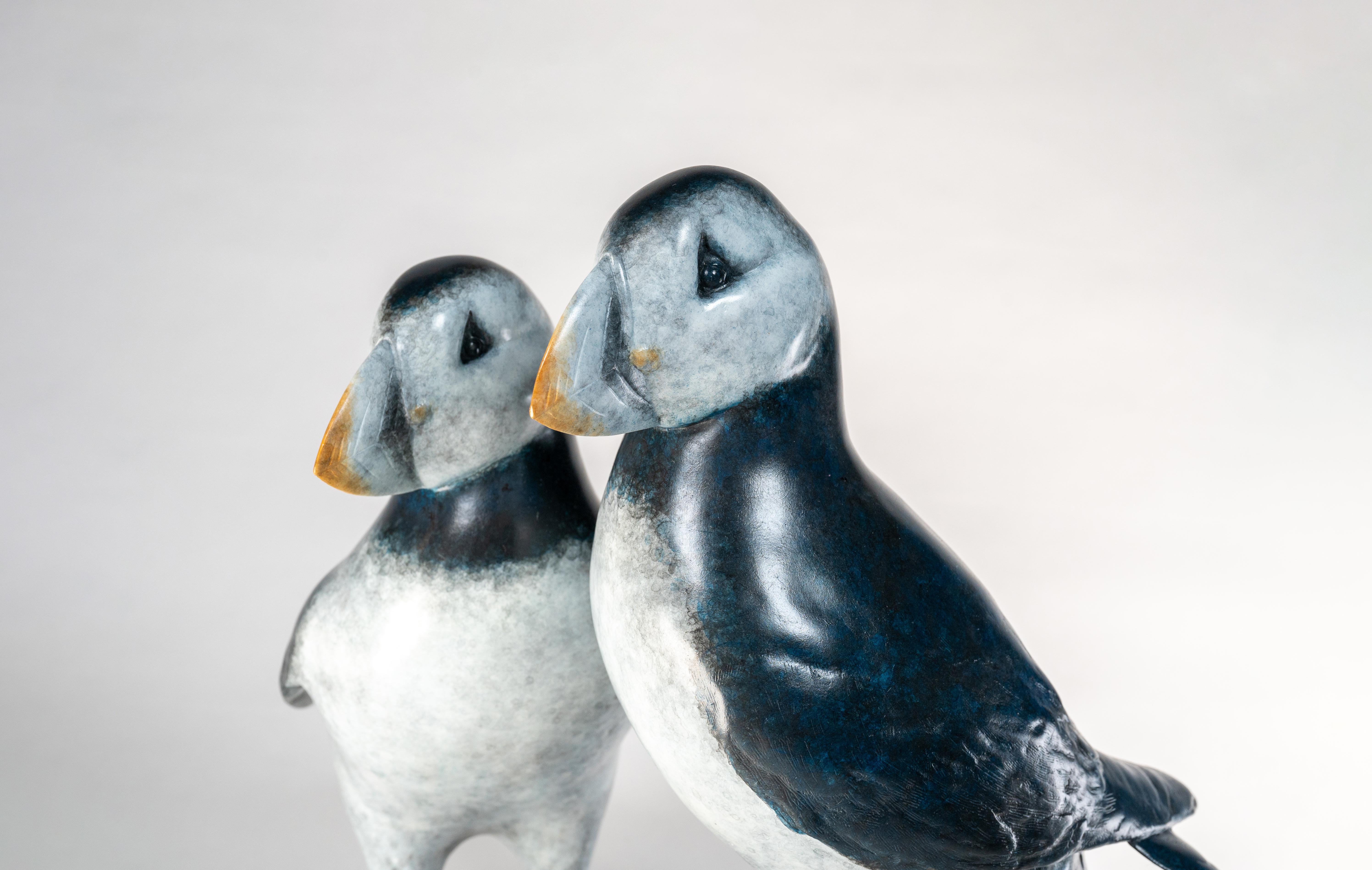 'Best Friends' Bronze sculpture of Puffins on rock, blue, white and orange For Sale 3