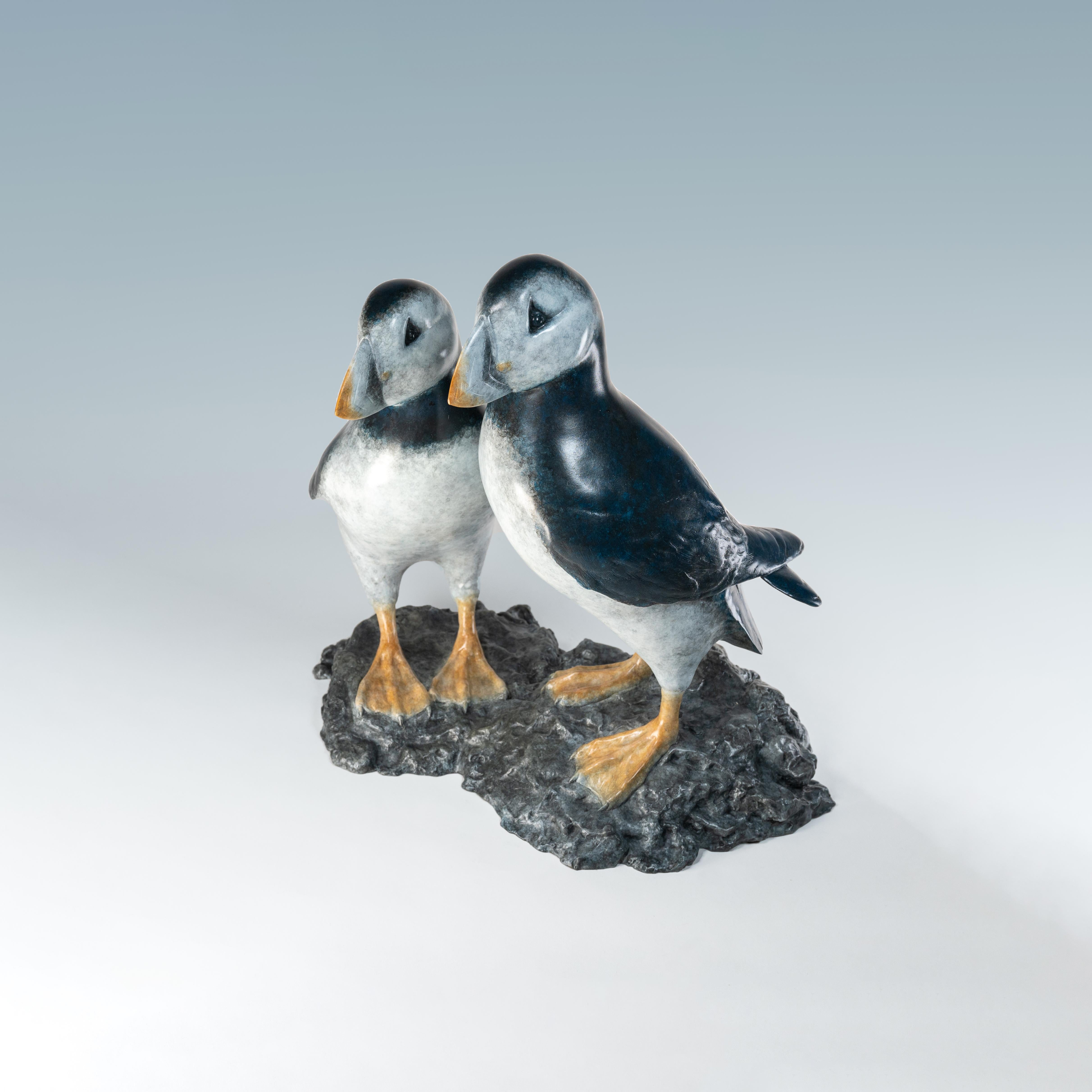 'Best Friends' Bronze sculpture of Puffins on rock, blue, white and orange For Sale 4