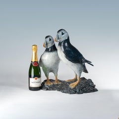 Best Friends Contemporary Bronze Sculpture of two Puffins on a rock, bird, water