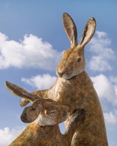 'Boxing Hares' Bronze Sculpture of two fighting hares, patinated brown, wildlife