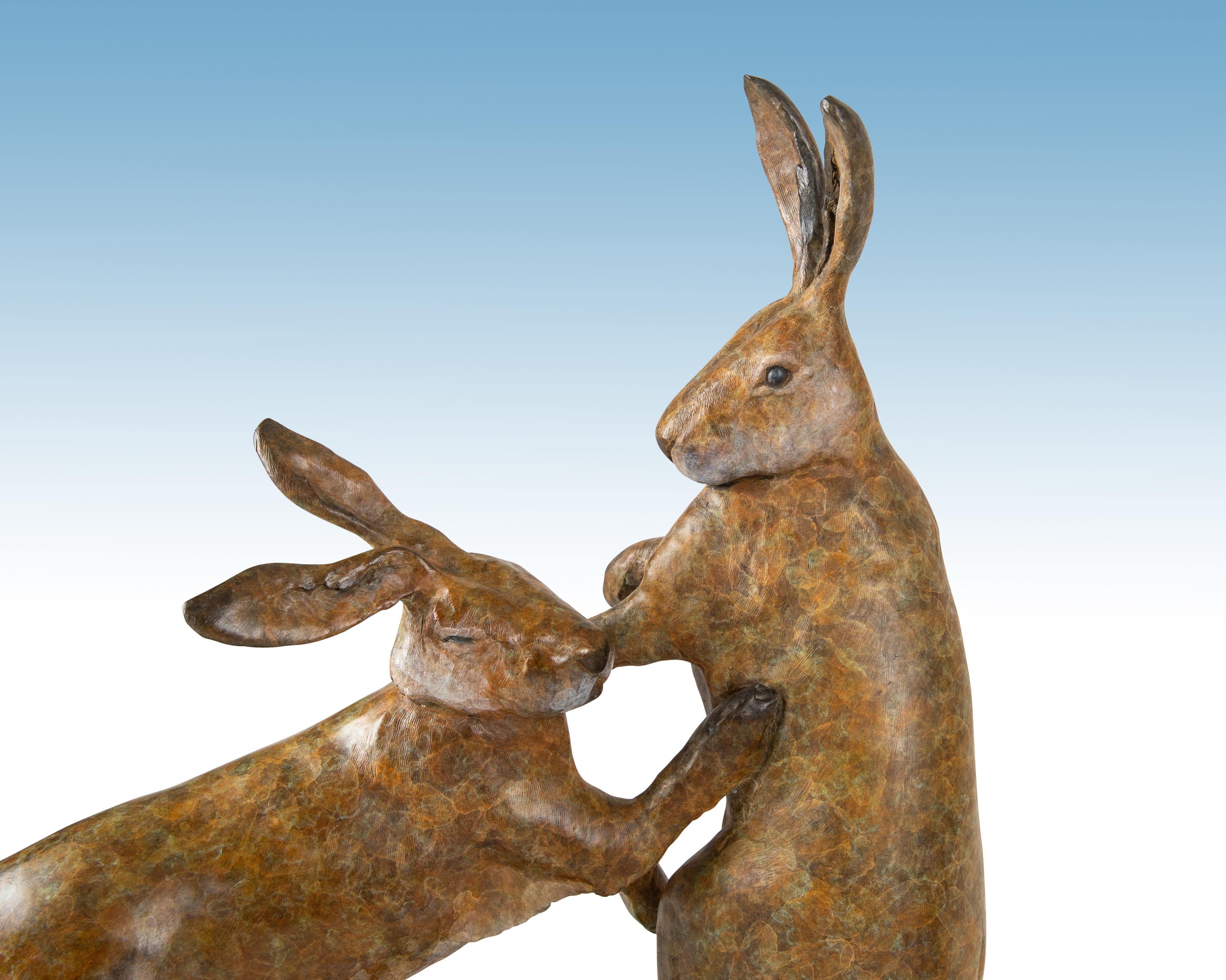 'Boxing Hares' Bronze Sculpture of two fighting hares, patinated brown, wildlife - Gold Figurative Sculpture by Tobias Martin