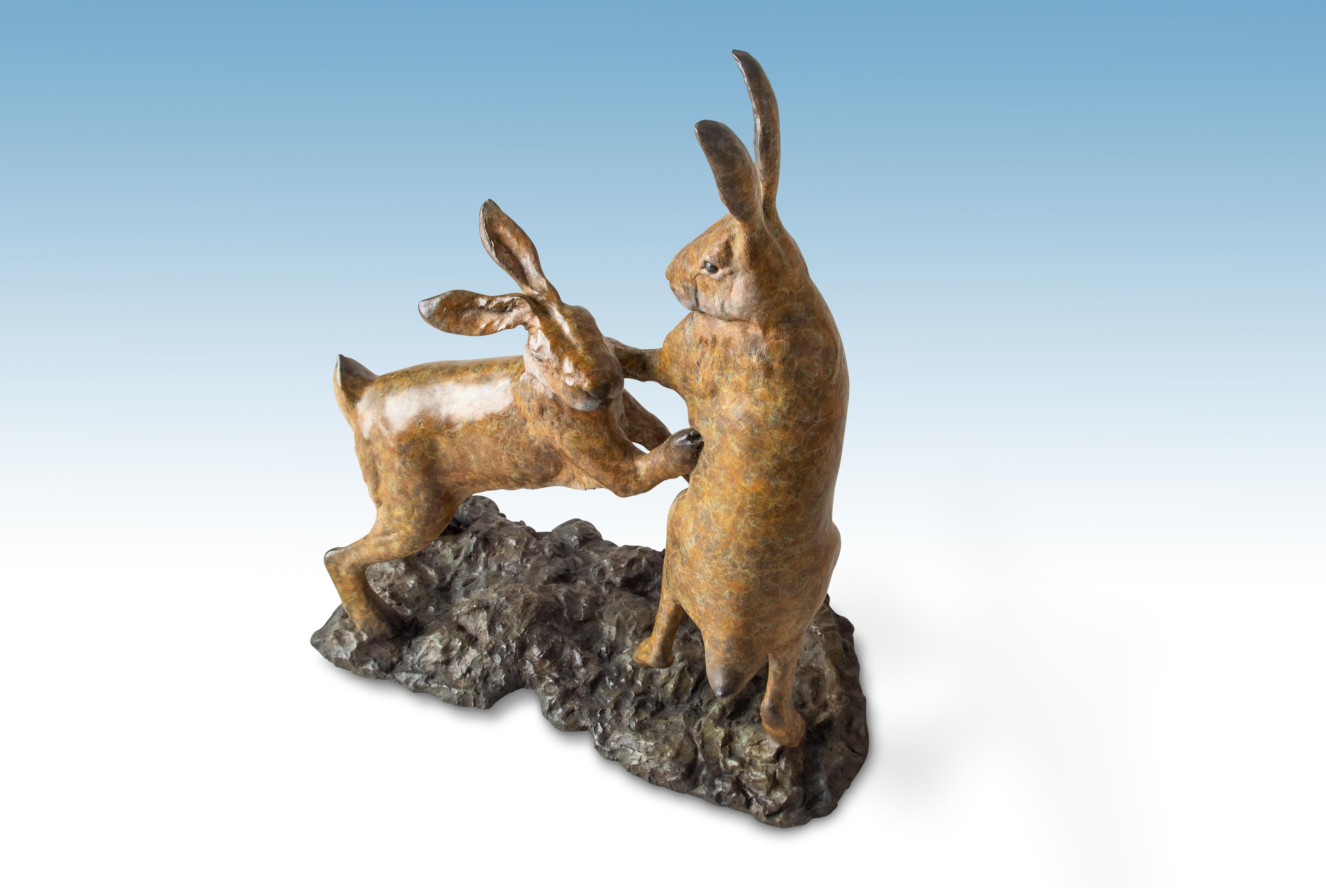 'Boxing Hares' Bronze Sculpture of two fighting hares, patinated brown, wildlife For Sale 1