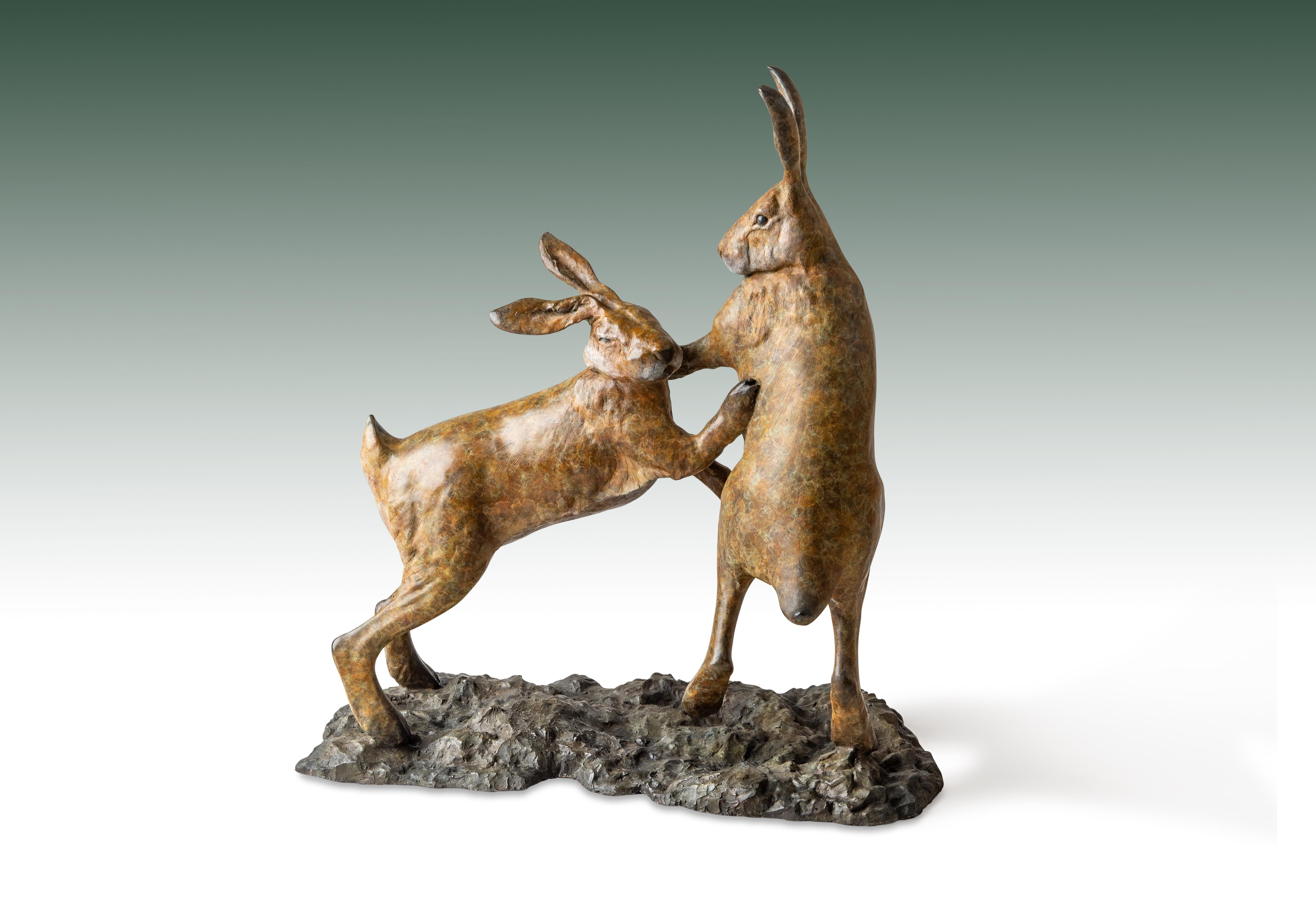 'Boxing Hares' Bronze Sculpture of two fighting hares, patinated brown, wildlife For Sale 2