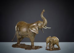 Contemporary Bronze Sculpture of a African Elephant & Baby, Safari, Wildlife