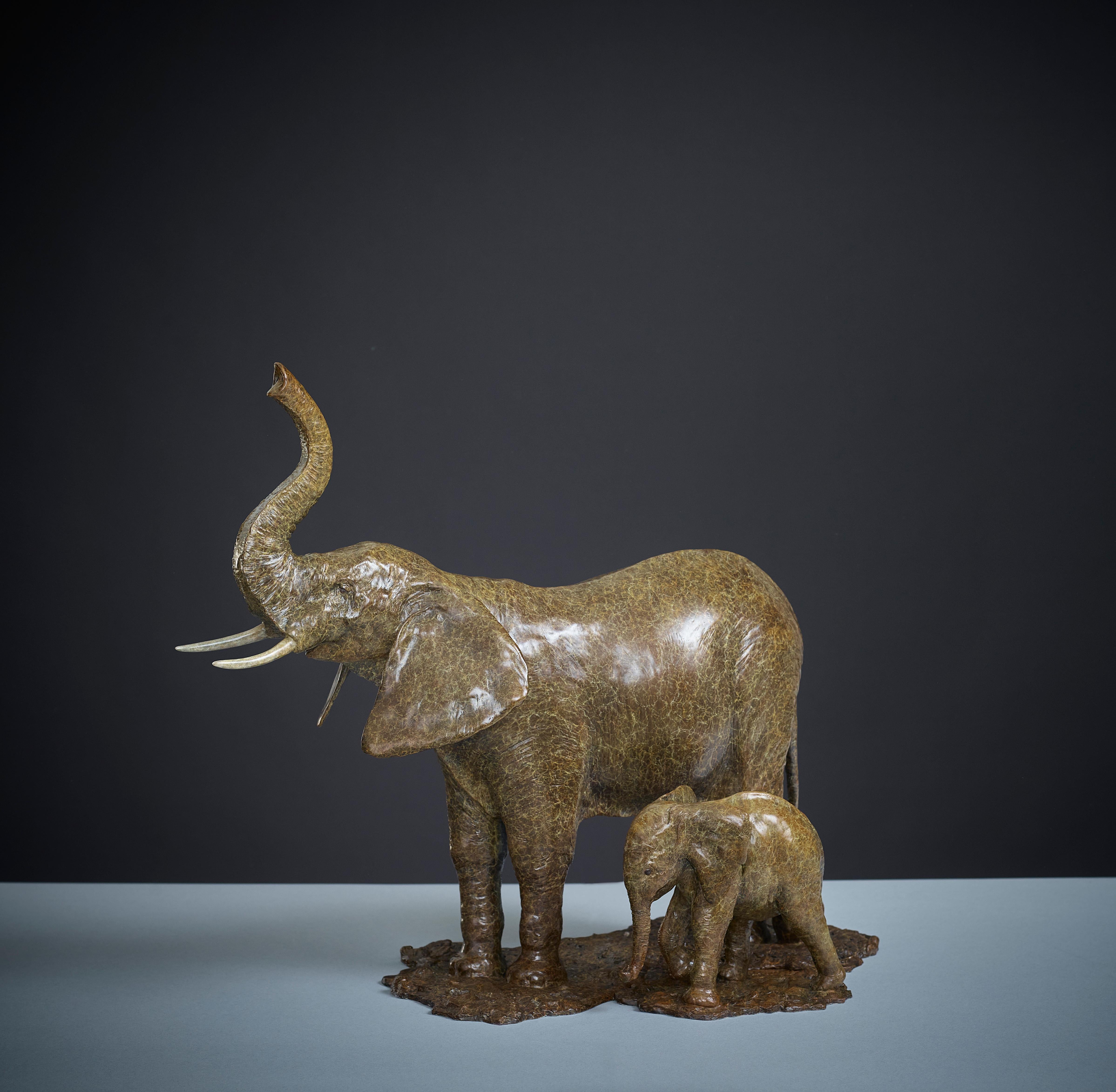 Zeitgenössische Bronze-Skulptur eines afrikanischen Elefanten & Baby, Safari, Wildtiere (Gold), Still-Life Sculpture, von Tobias Martin