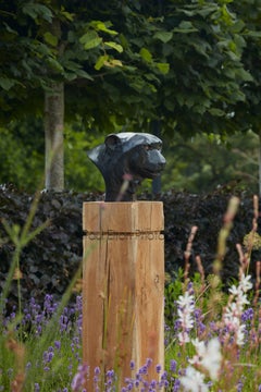 Contemporary Bronze sculpture of a Black Panther head, striking, leopard, cat