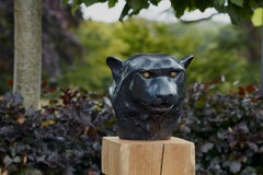 Contemporary Bronze sculpture of a Black Panther head, striking, leopard, cat
