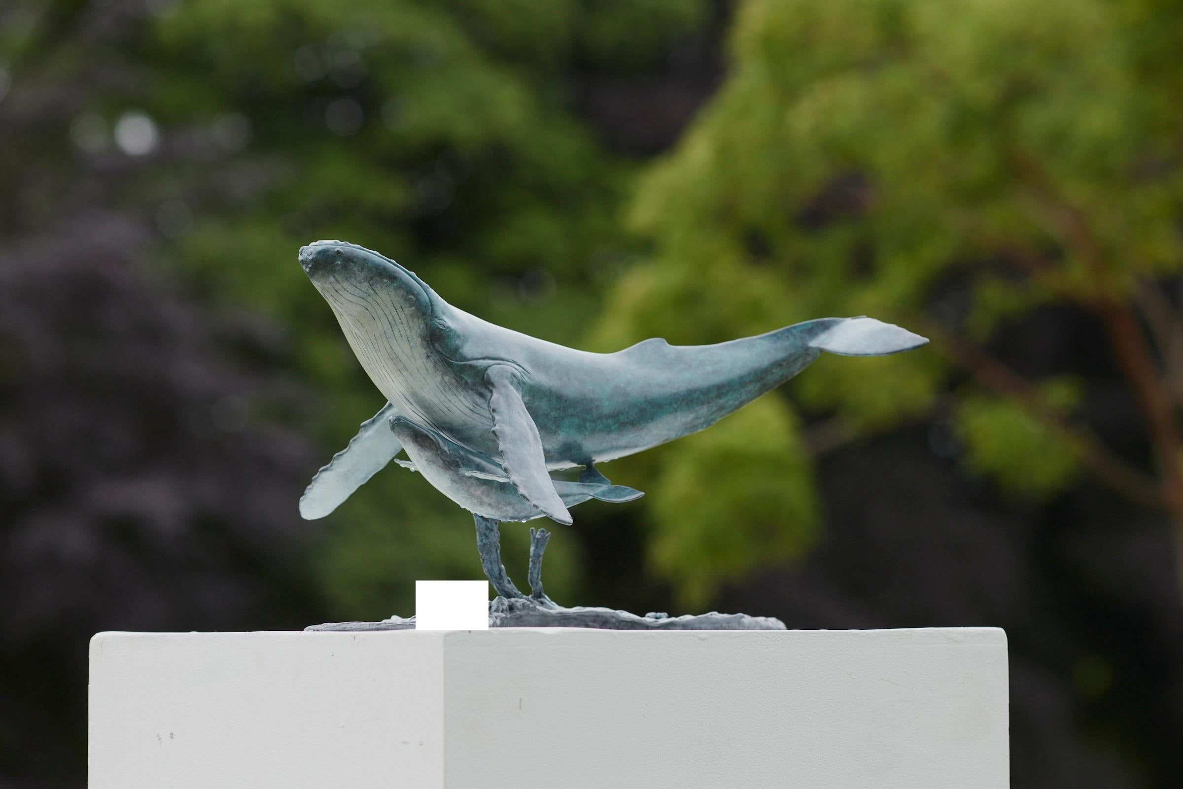 Sculpture contemporaine en bronze d'une baleine à bosse et de son baleineau, nager, eau, vie aquatique en vente 4