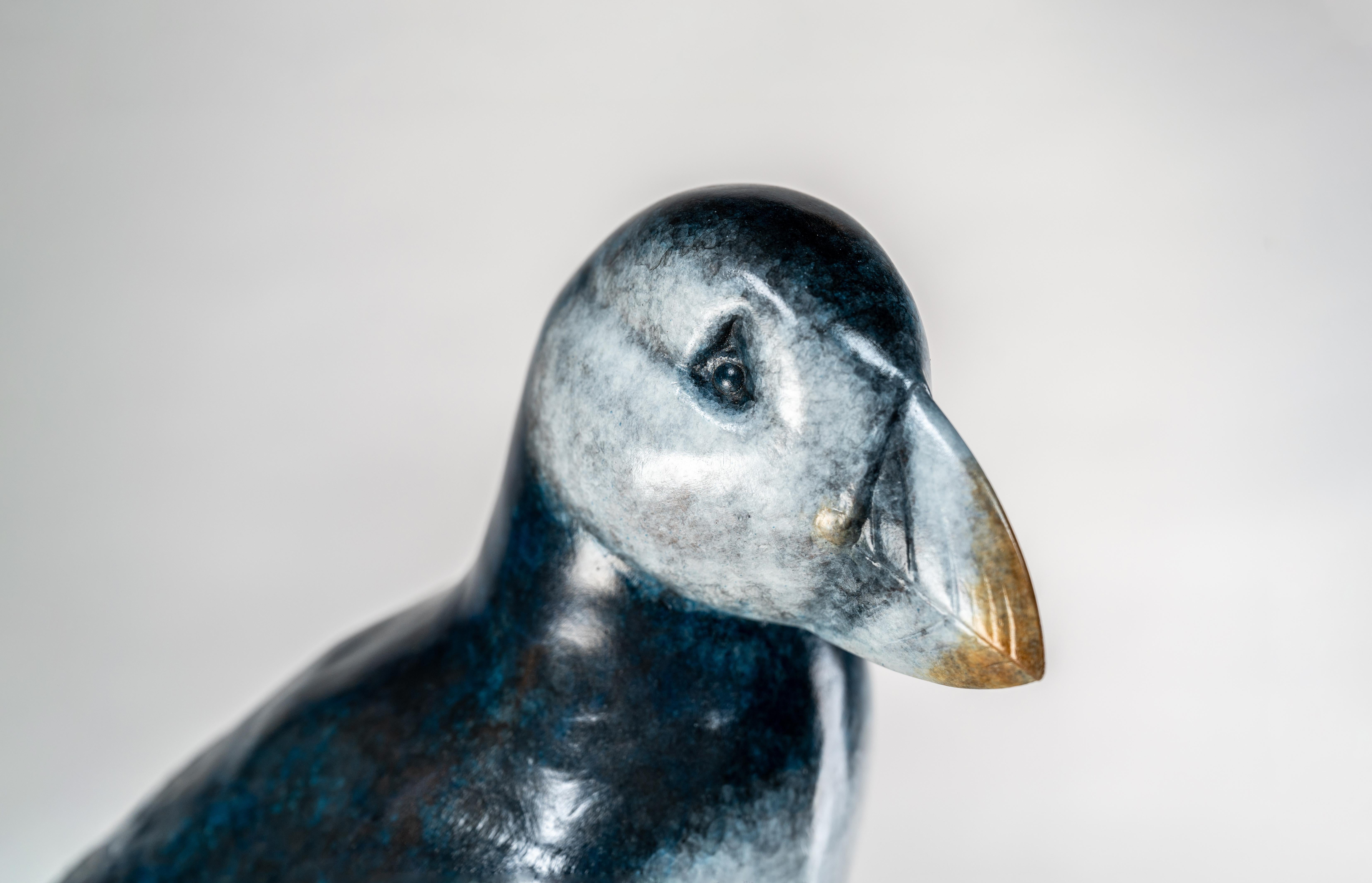 Zeitgenössische Bronze-Skulptur eines Papageientauchers auf einem Felsen, Seevogel, blau-weiß im Angebot 6