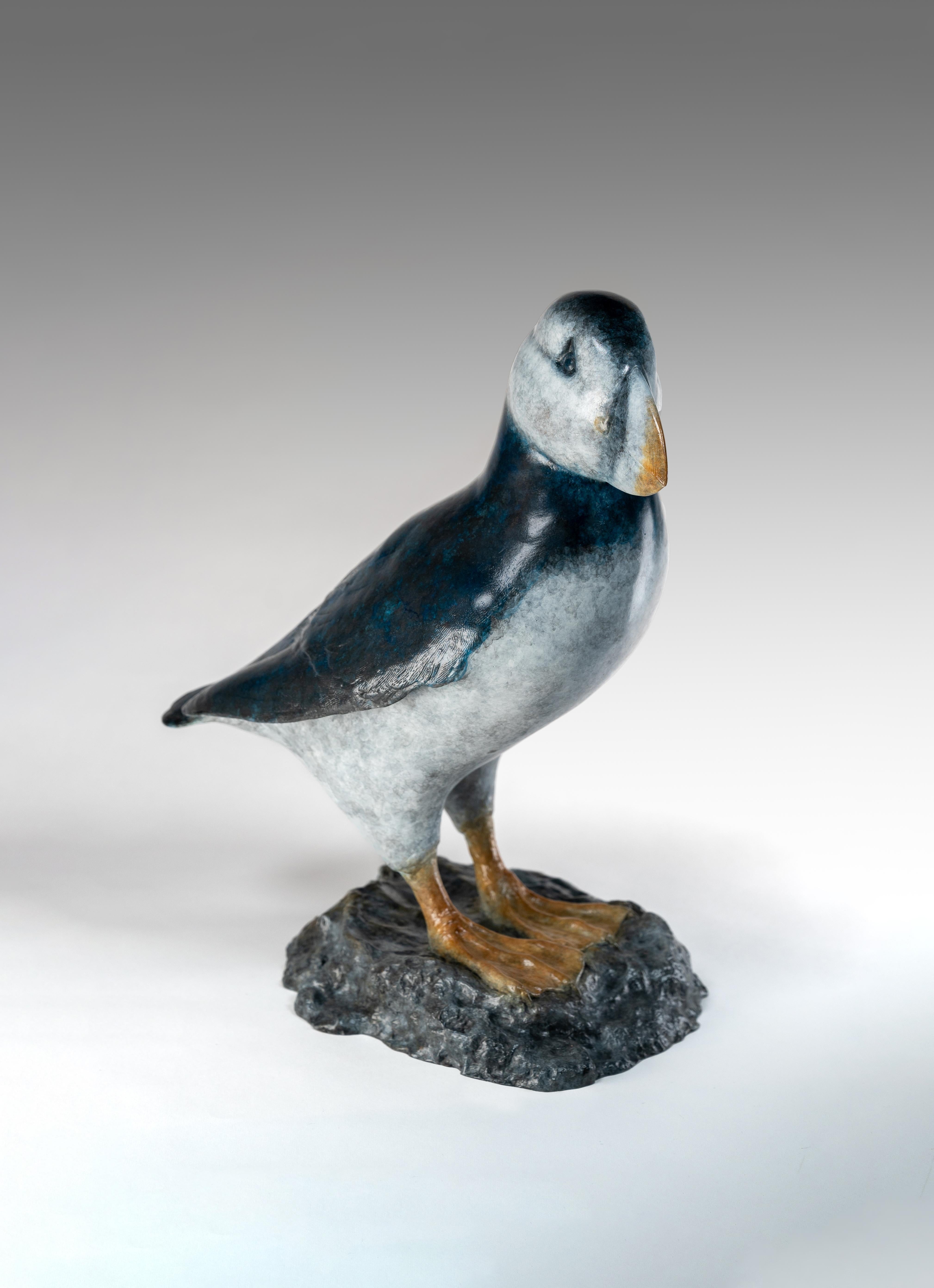 Zeitgenössische Bronze-Skulptur eines Papageientauchers auf einem Felsen, Seevogel, blau-weiß im Angebot 11