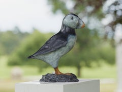 Contemporary Bronze Sculpture of a Puffin on a rock, sea bird, blue & white