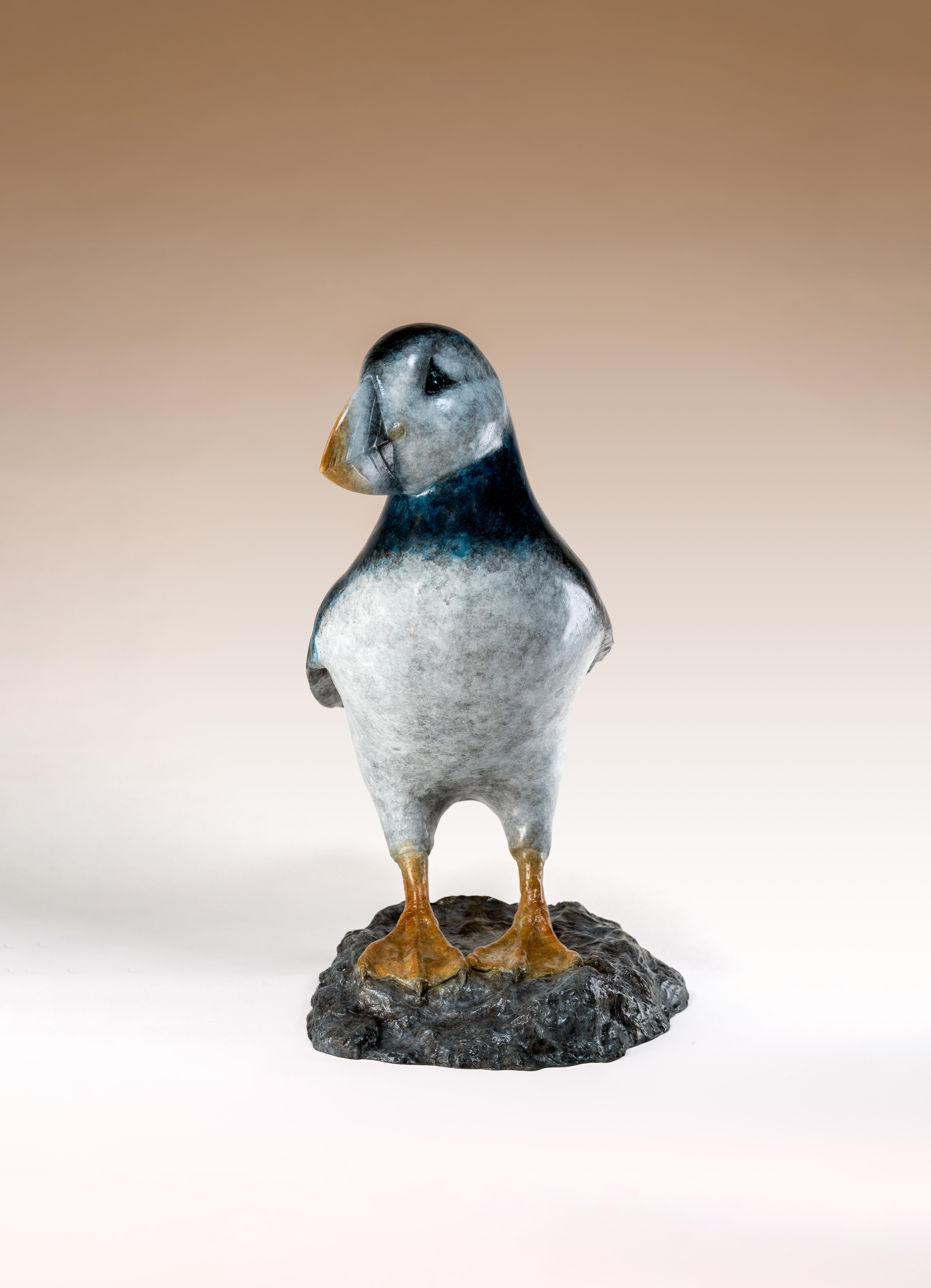 Zeitgenössische Bronze-Skulptur eines Papageientauchers auf einem Felsen, Seevogel, blau-weiß im Angebot 3