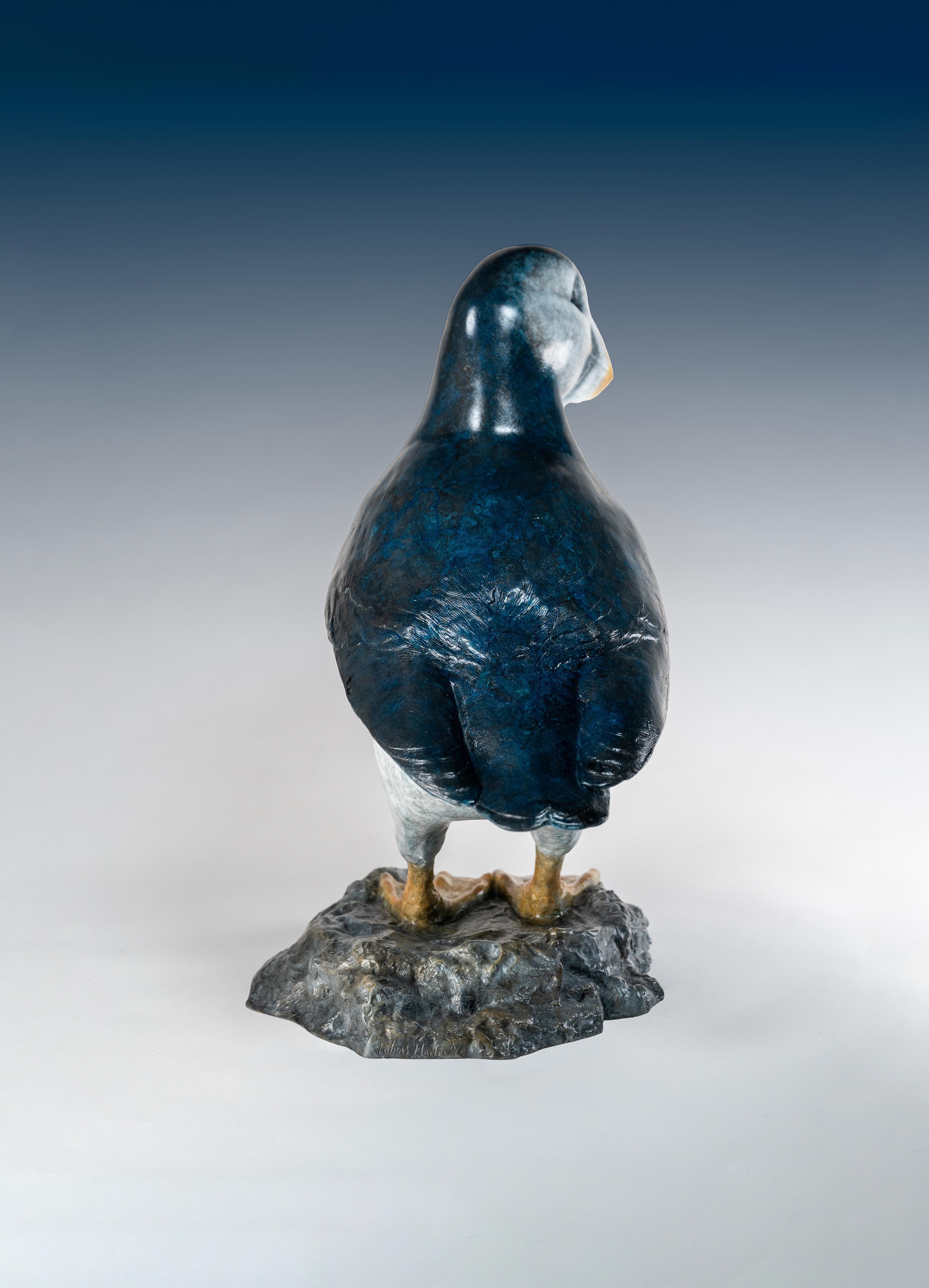 Zeitgenössische Bronze-Skulptur eines Papageientauchers auf einem Felsen, Seevogel, blau-weiß im Angebot 4