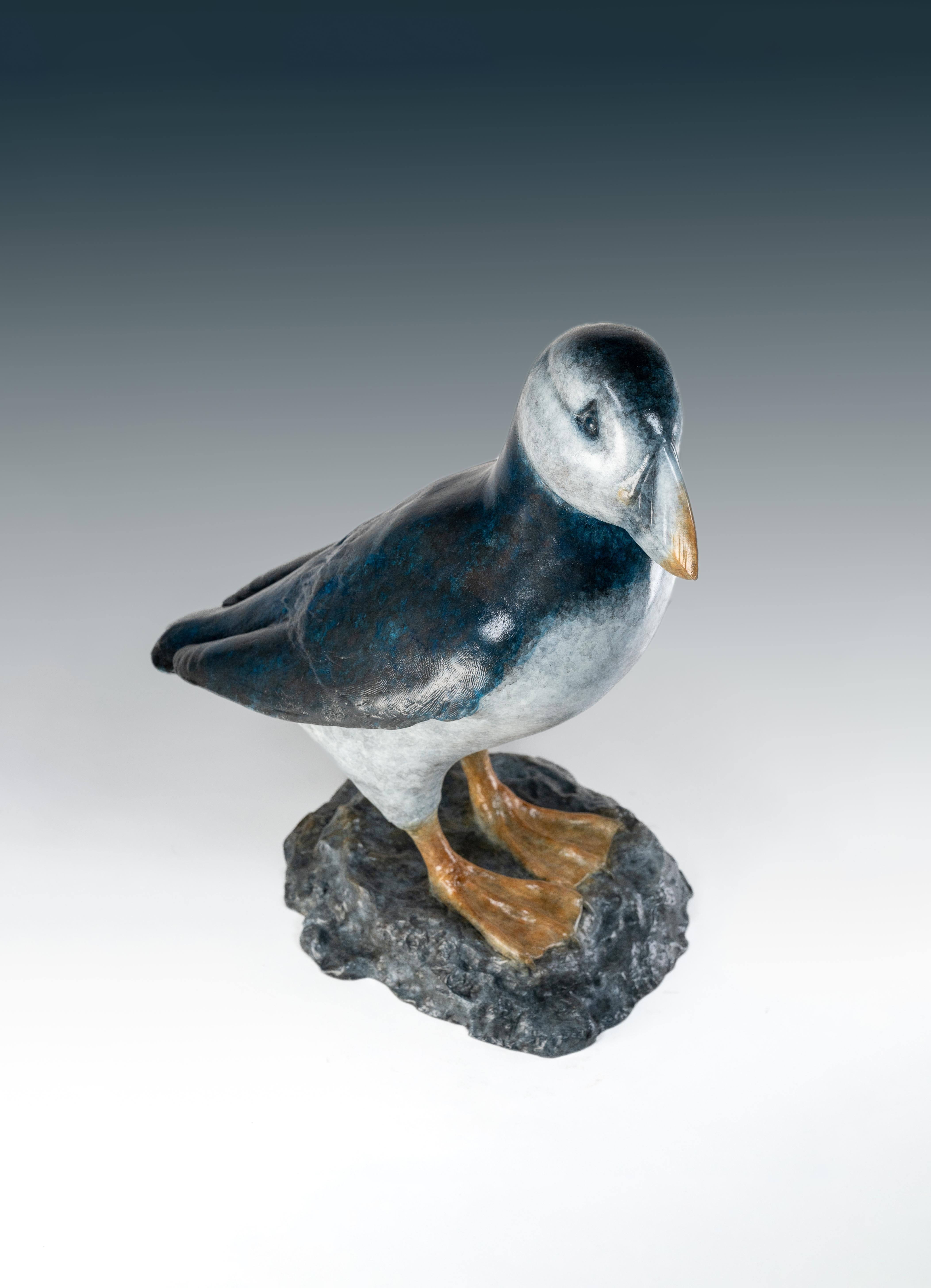 Zeitgenössische Bronze-Skulptur eines Papageientauchers auf einem Felsen, Seevogel, blau-weiß im Angebot 5