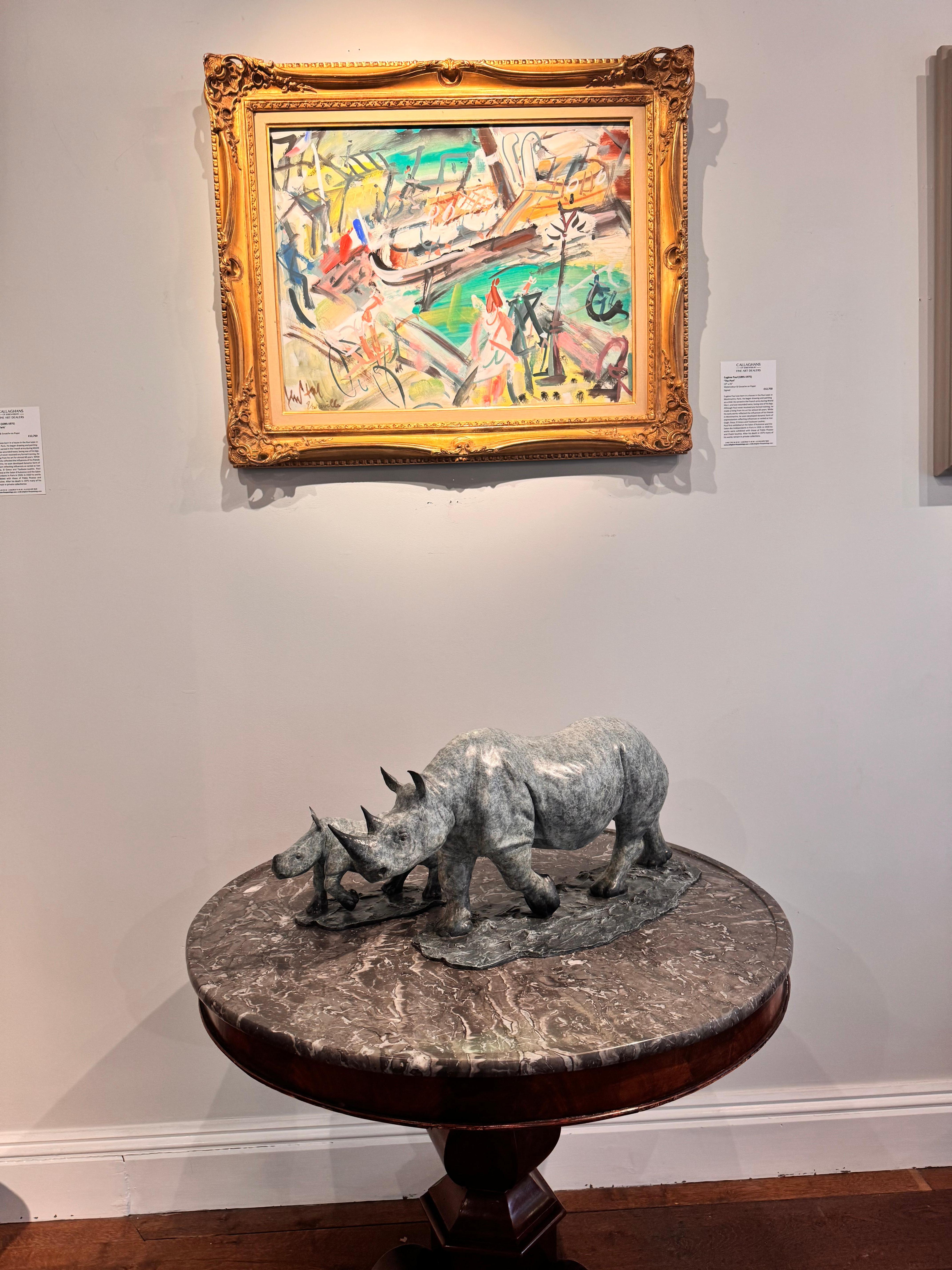 Zeitgenössische Bronzeskulptur Nashörner, Mutter und Kalb im Gehen. Blau, grau, afrikanisch im Angebot 5