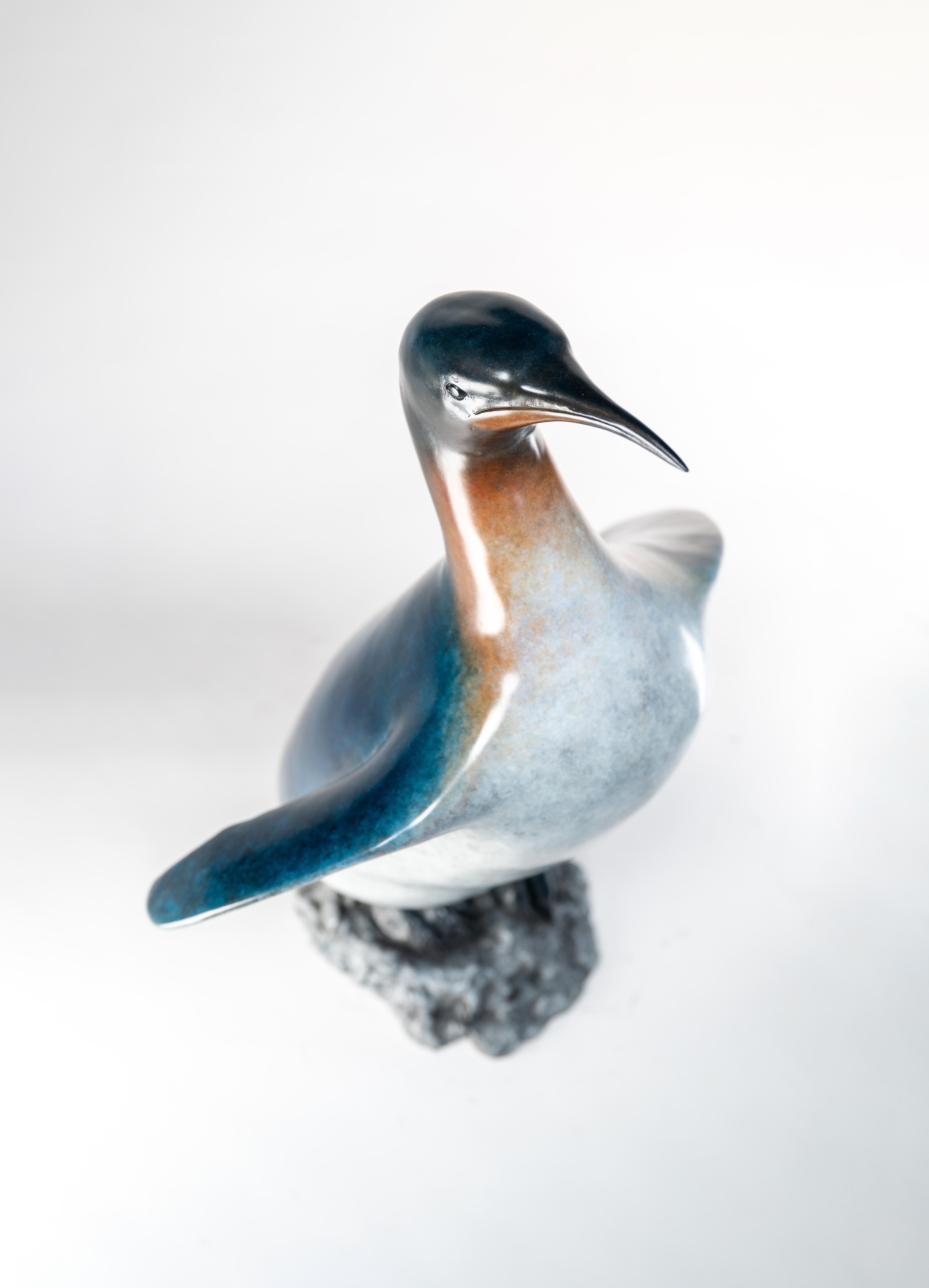 'King Penguin' Bronze Sculpture of a penguin on rocks, blue, orange & white For Sale 8