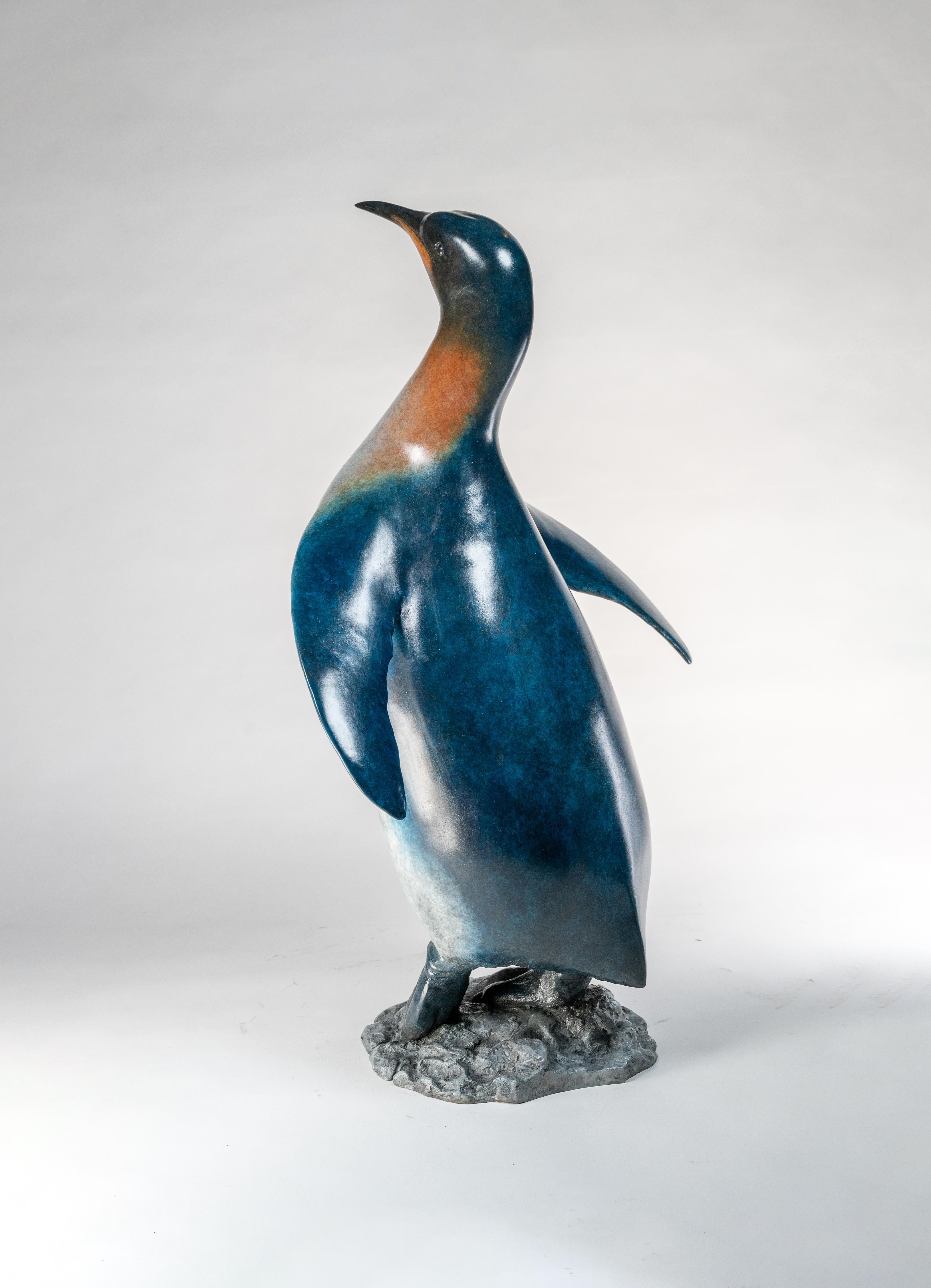 'King Penguin' Bronze Sculpture of a penguin on rocks, blue, orange & white For Sale 9